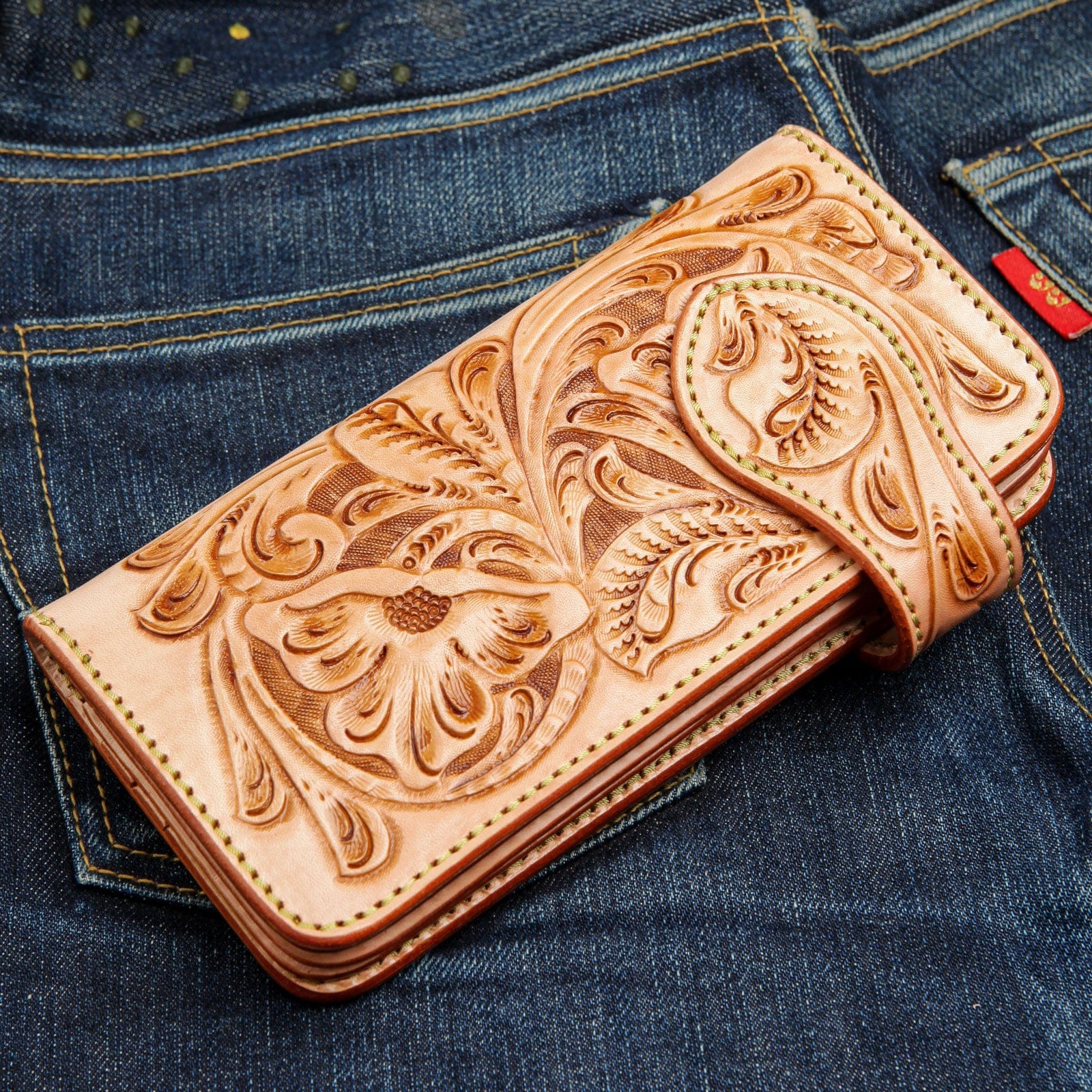 Japanese Floral Light Brown Genuine Leather Turquoise Concho Biker Wallet for Men - Western Style Money Clip Billfold with Conchos - Perfect for Motorcycle Riders, Cowboy Fashion & Gift Giving