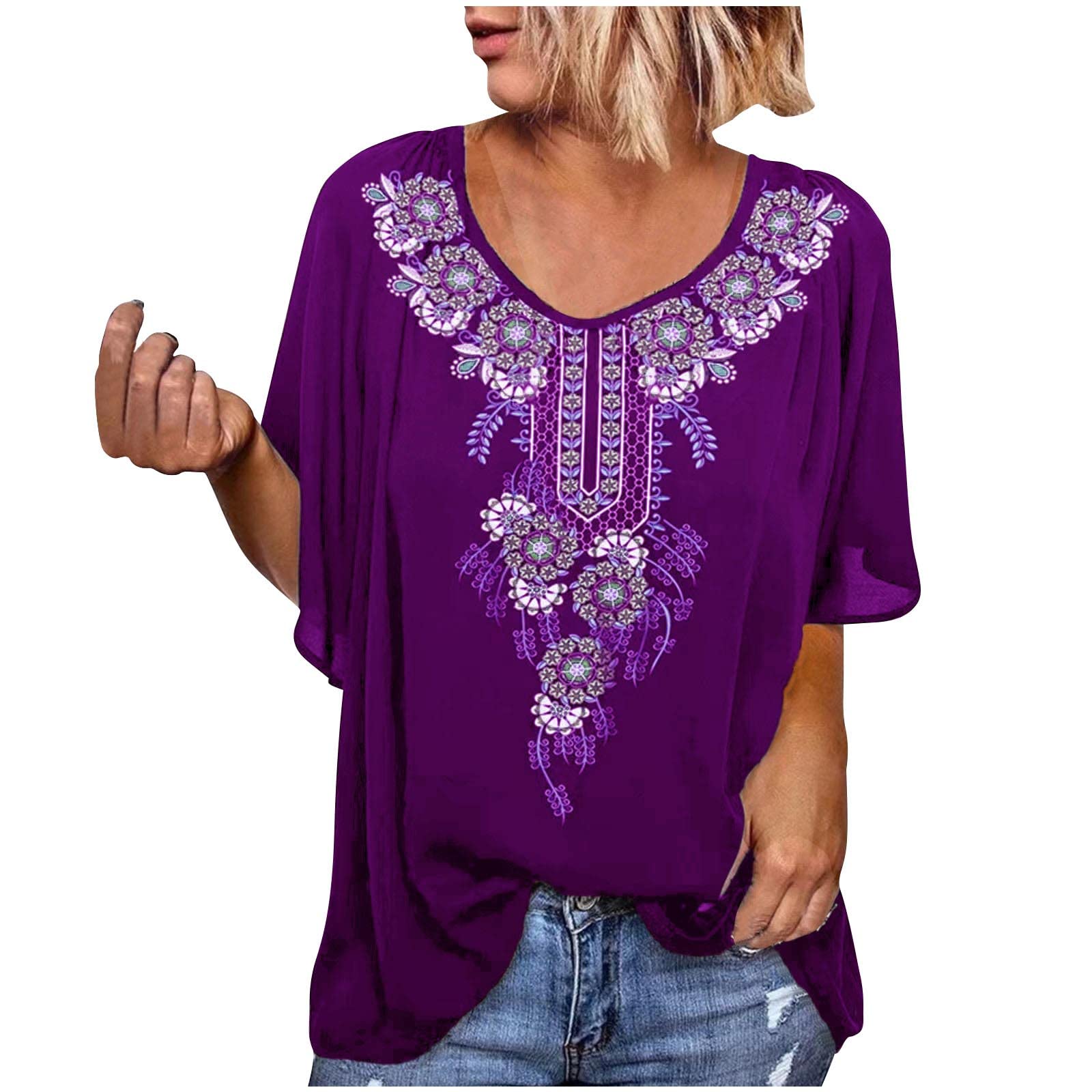 Boho Women's Tops - Mexican Floral Printed Half Sleeve Vintage Summer Blouse, Loose Fit Round Neck Casual T-Shirt for Beach, Festival & Everyday Wear