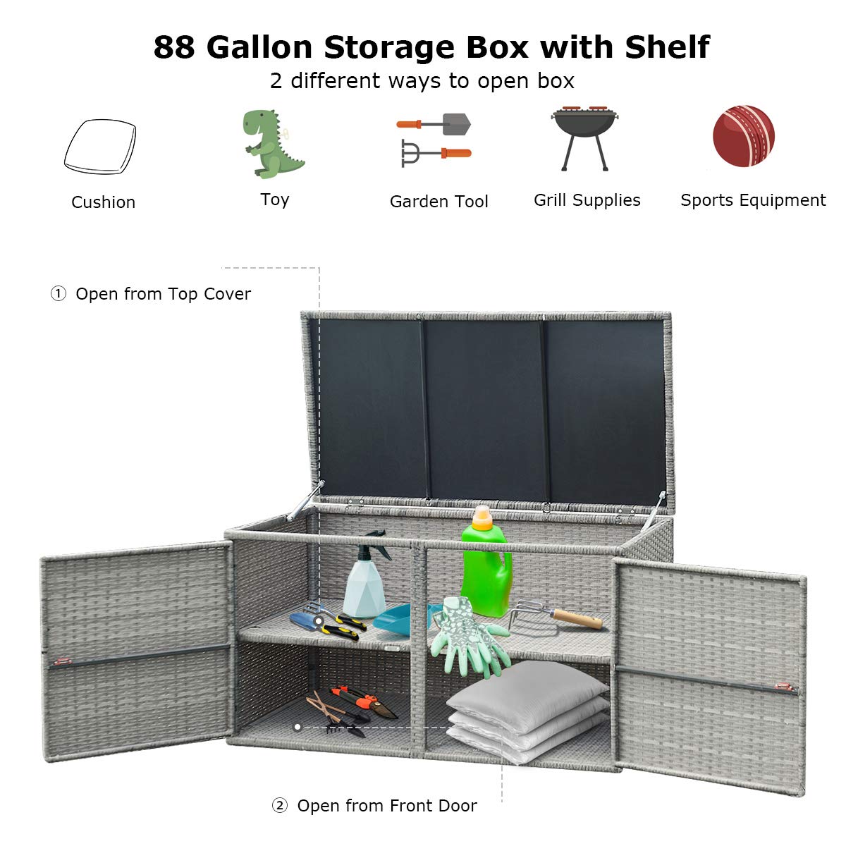 LDAILY Rattan Storage Box with 2 Shelves & Lid - Wicker Deck Box for Outdoor Garden, Backyard, Patio - Organize Accessories, Tools, Toys - Weather-Resistant Grey Storage Solution for Home & Yard Organization