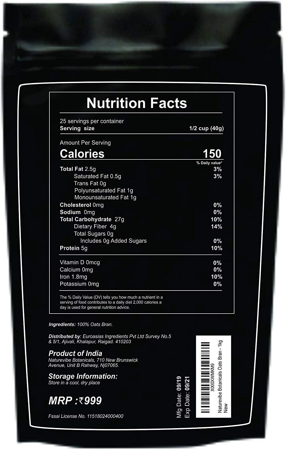 Naturevibe Botanicals Organic Oats Bran - 1kg (35.2 oz) | High Fiber, Gluten-Free, Non-GMO | Perfect for Baking, Smoothies & Healthy Breakfast