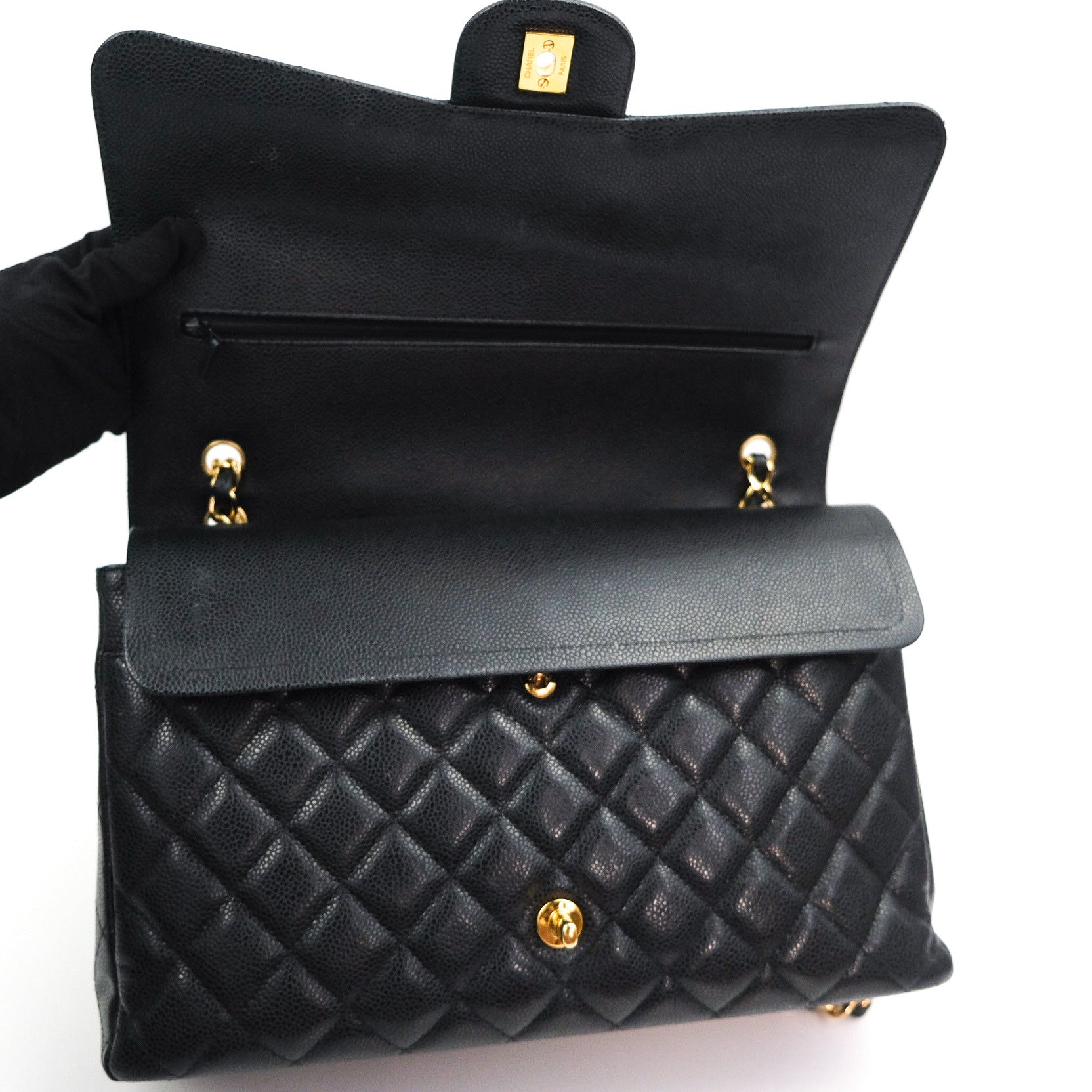 Chanel Classic Double Flap Maxi Bag in Black Caviar Leather with Gold Hardware - Luxury Handbag for Women, Perfect for Evening Events & Special Occasions