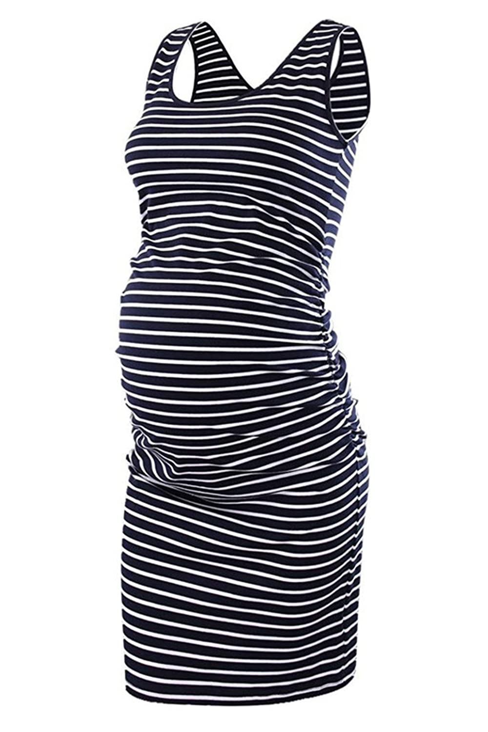 DolphinBanana Women's Grey Striped Sleeveless Maternity Nursing Dress - Comfortable Breastfeeding & Pregnancy T-Shirt Dress for Casual Wear, Summer Outfits, and Motherhood Essentials