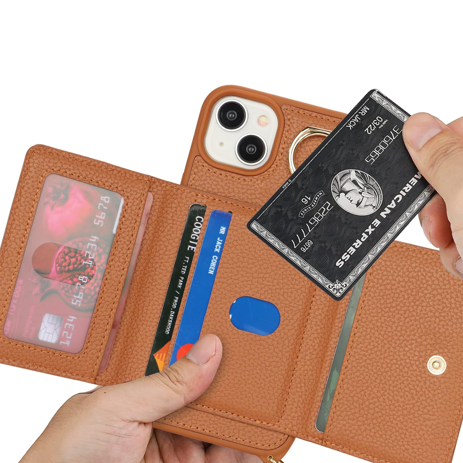 Premium PU Leather iPhone 15 Plus Case with Card Holder & Crossbody Strap - Wallet Phone Case with Zipper Pocket & Stand Ring (Brown) | Perfect for Women's Everyday Use, Travel & Hands-Free Convenience