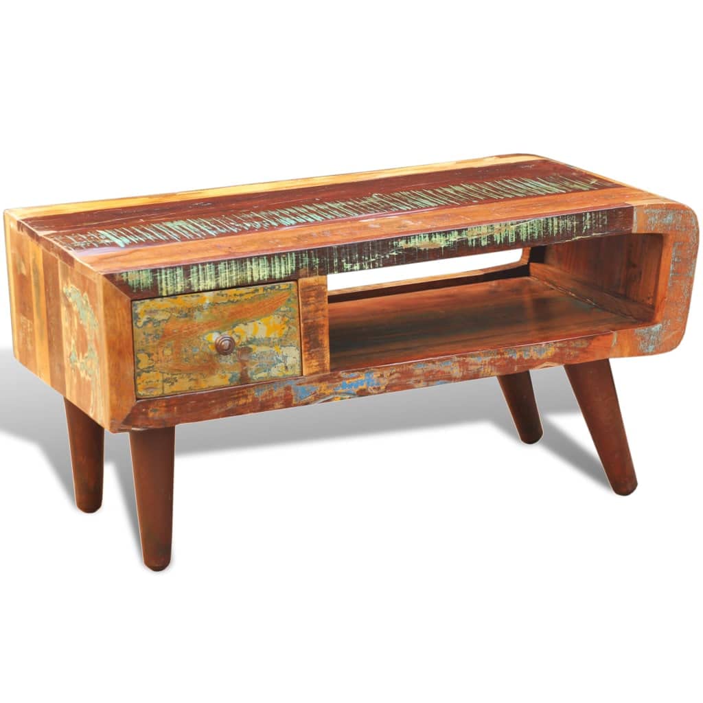 Rustic Reclaimed Wood Coffee Table with Curved Edge & Drawer - Perfect for Living Room, Lounge, or Office Decor