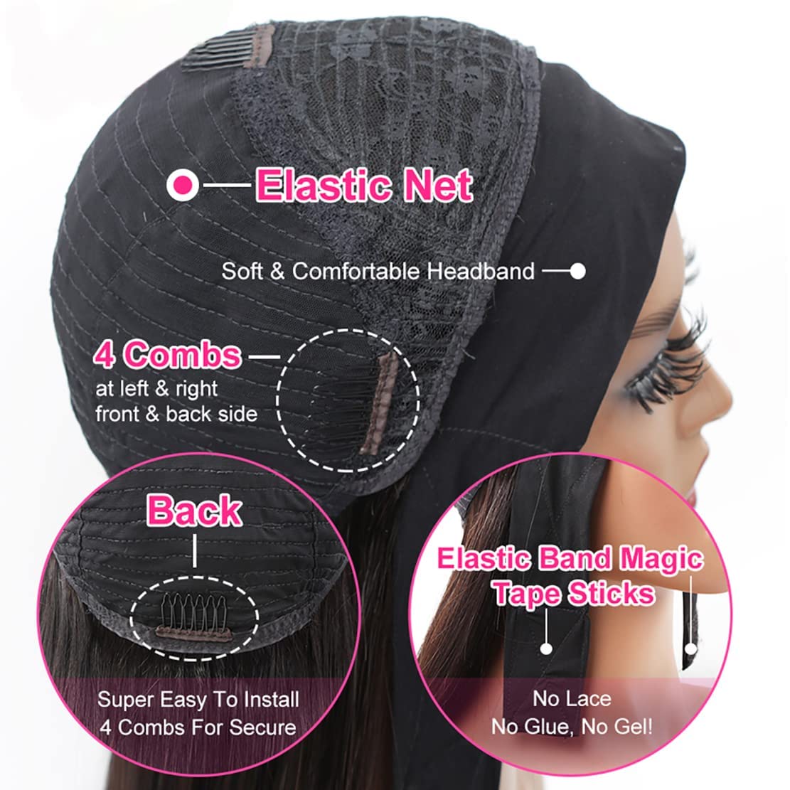 26 Inch Brazilian Human Hair Headband Wig - Deep Wave 150% Density Glueless Non Lace Front Machine Made Wig - Natural Black Women's Wet & Wavy Curly Half Wig for Daily Wear & Special Occasions