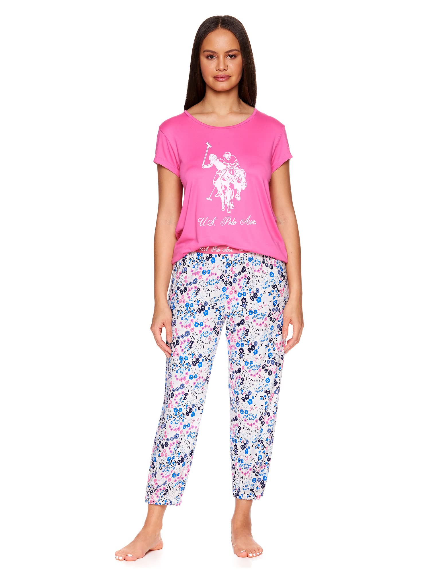 U.S. Polo Assn. Women's Pajama Sets - Soft Cotton Tee and Capri Pajama Pants Lounge Set for Women | Comfortable Sleepwear for Nighttime & Relaxing at Home