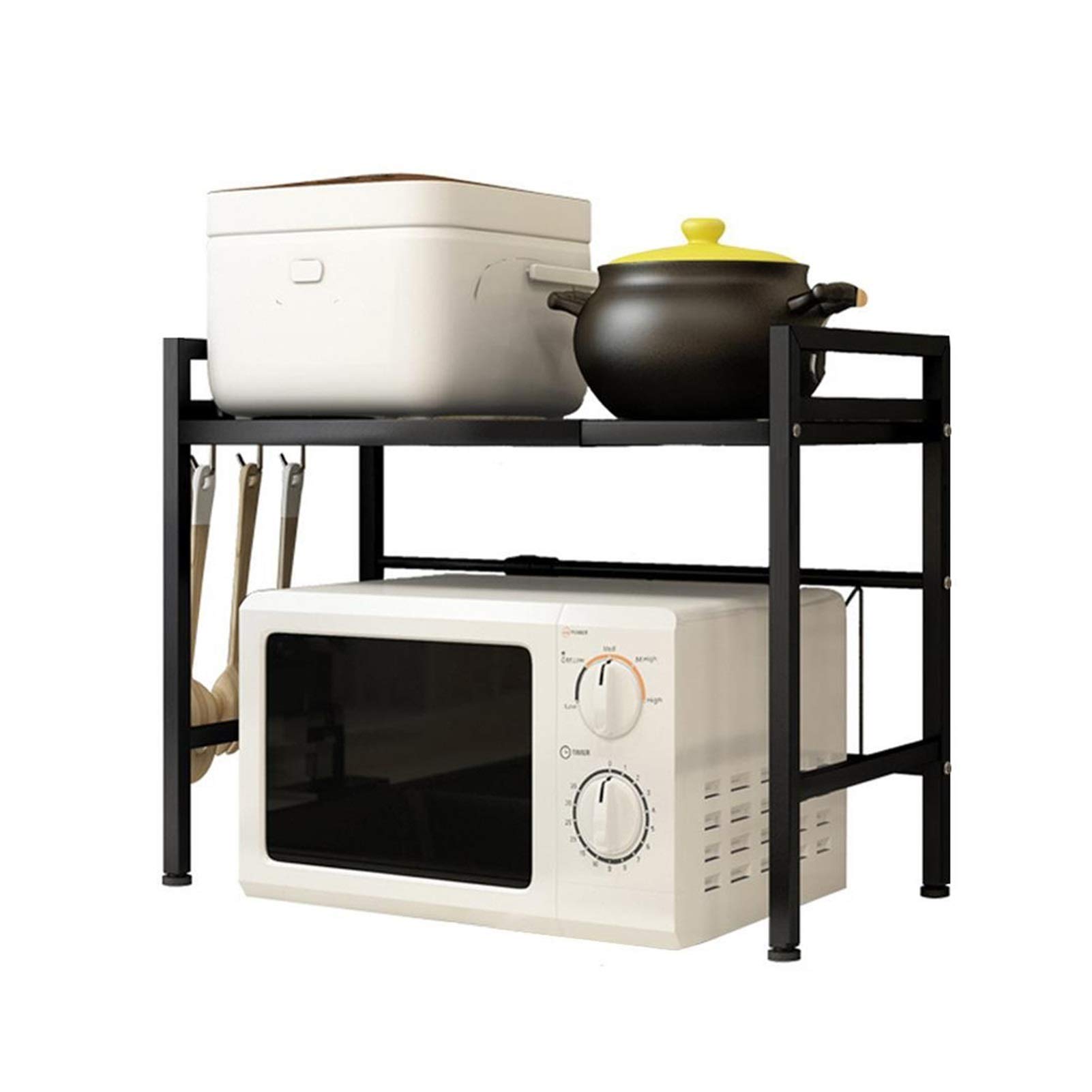 3-Tier Retractable Microwave Oven Rack - Expandable Carbon Steel Kitchen Shelf Organizer with Smooth Edges for Counter Storage | Space-Saving Solution for Small Kitchens & Microwave Organization (Black)
