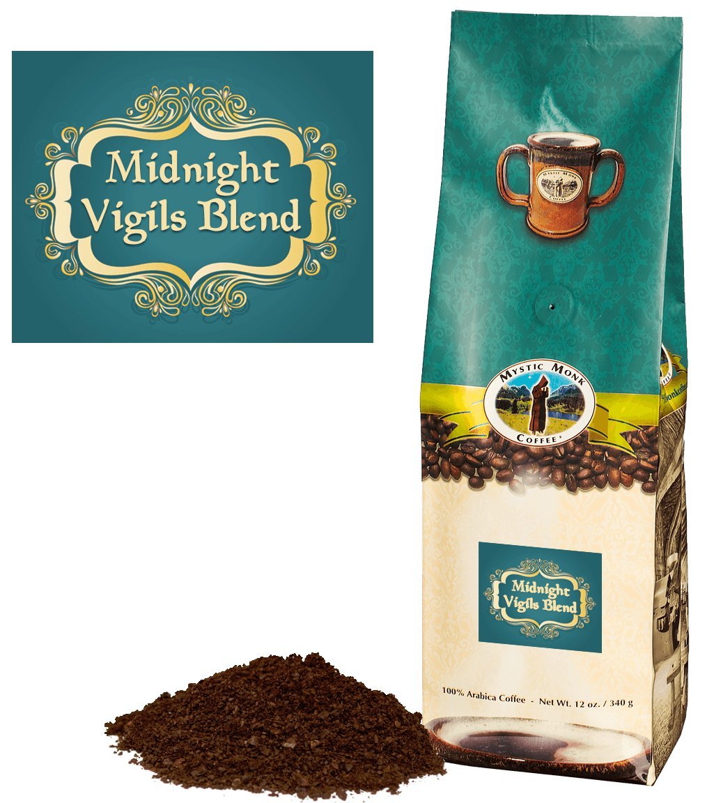 Mystic Monk Coffee: Midnight Vigils Blend | 100% Arabica Ground Dark Roast Coffee (12oz) - Rich Flavor for Morning Brew, Office Break, or Late-Night Study Sessions