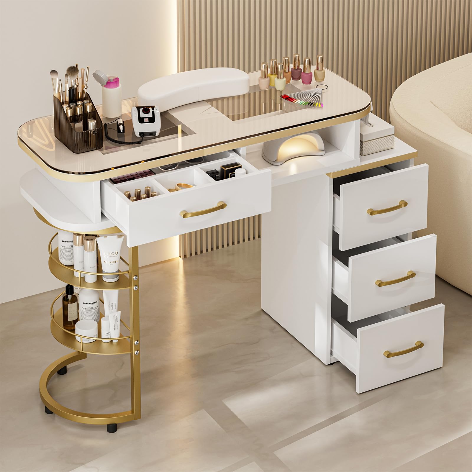 Premium Paddie Manicure Table for Nail Technicians - Acetone-Resistant Glass Top Nail Desk with 4 Drawers & 2-Tier Storage Shelves - Salon Beauty Workstation with Wrist Cushion & Golden Handles (White) - Perfect for Nail Salons, Home Studios & Professional Nail Art Services