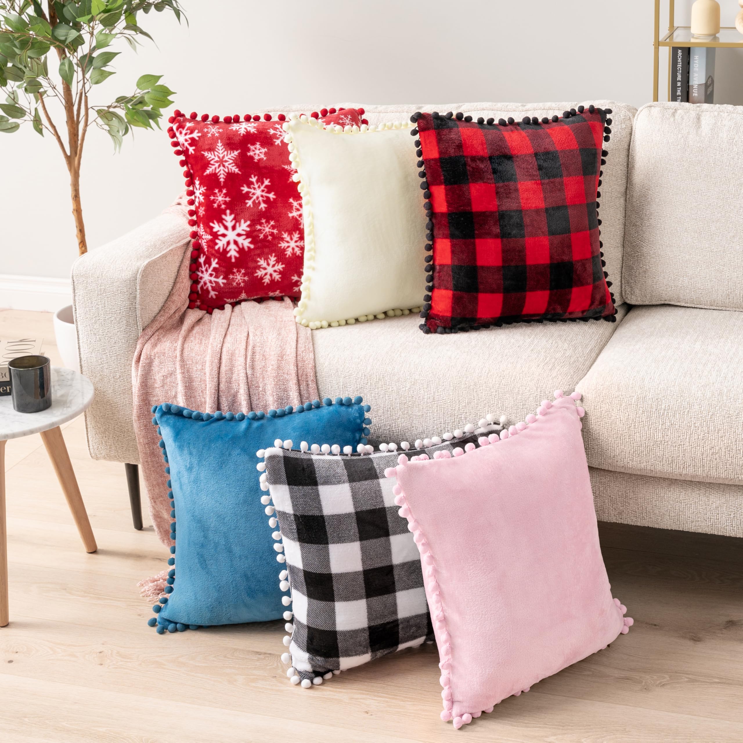 PAVILIA Light Pink Velvet Throw Pillow Covers 20x20 Inches Set of 2 - Soft Pom Pom Decorative Cushion Covers for Bed, Sofa & Couch - Luxury Euro Plush Pillow Cases for Bedroom Aesthetic & Home Decor