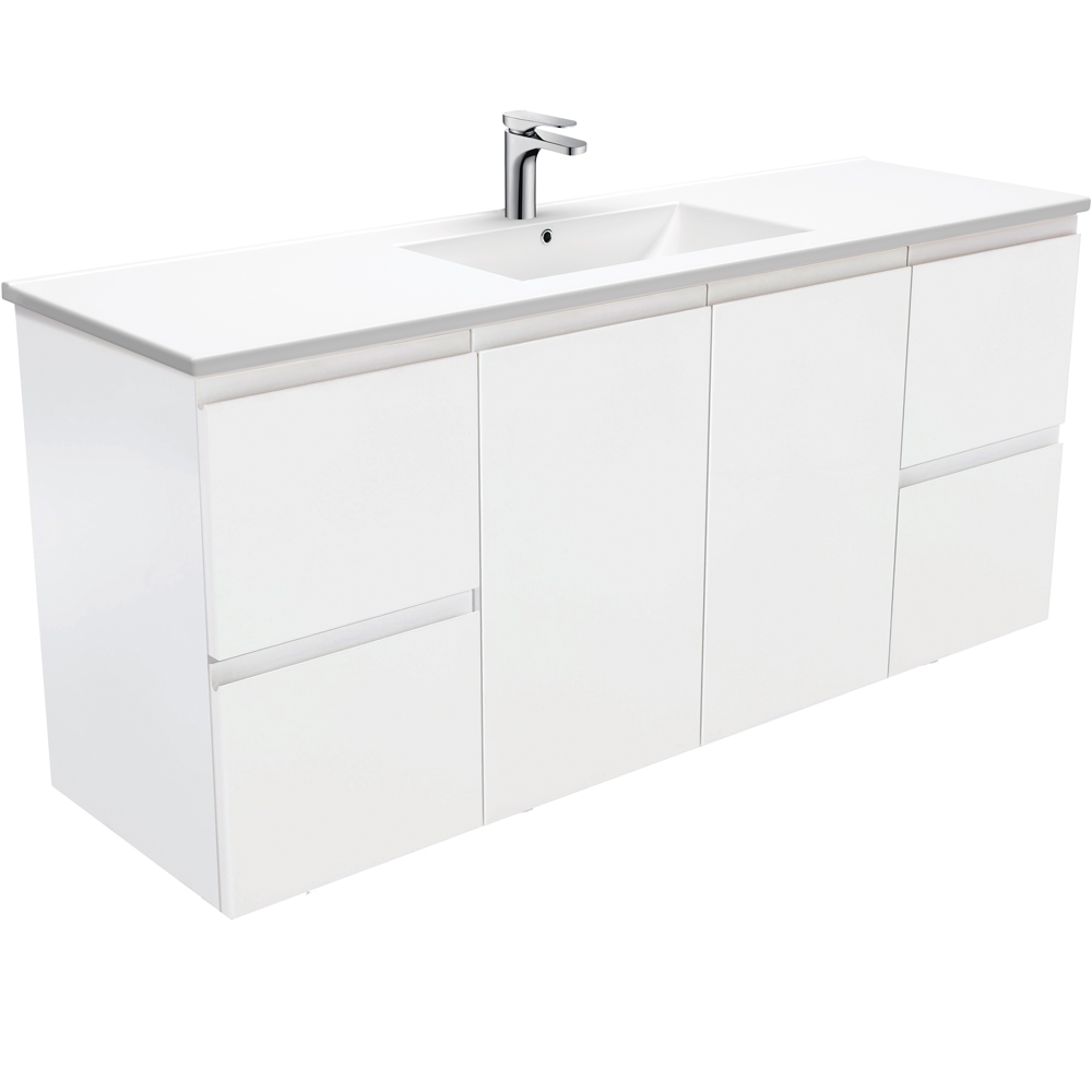 Fienza TCL150ZS Dolce Fingerpull Matte White 1500mm Wall-Hung Vanity with Single Bowl - Modern Bathroom Sink for Small Spaces & Contemporary Home Decor