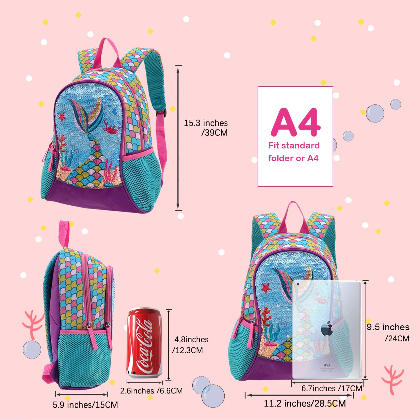 **Reversible Sequin Mermaid Backpack for Girls Ages 4-6 – 15 Inch Toddler Backpack for Preschool, Kindergarten & Elementary School – Cute Kids Bookbag for Daily Use, Travel & Playdates**