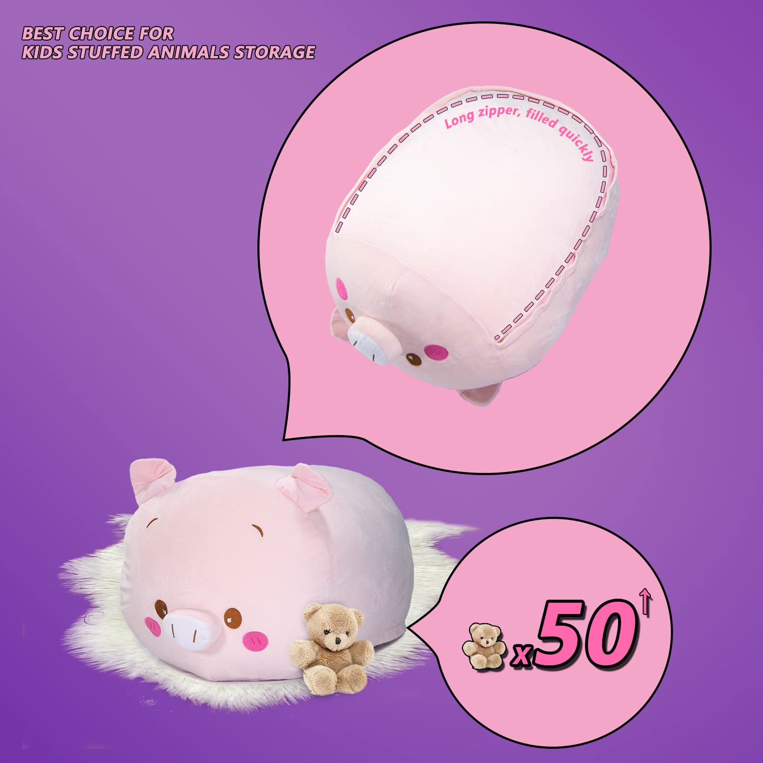 Pink Pig Plush Stuffed Animal Storage Bean Bag Chair Cover for Kids - Large Size Toy Organizer (Cover Only, No Filling) - Perfect for Girls' Bedroom, Playroom & Nursery Organization