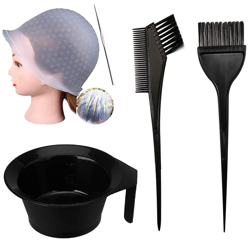 Professional Hair Dyeing Cap with Metal Hook + Hair Coloring Brush & Dye Bowl - Complete Hair Salon Highlighting Kit for Balayage, Ombre & Root Touch Up (Multi-Purpose Styling Tools)