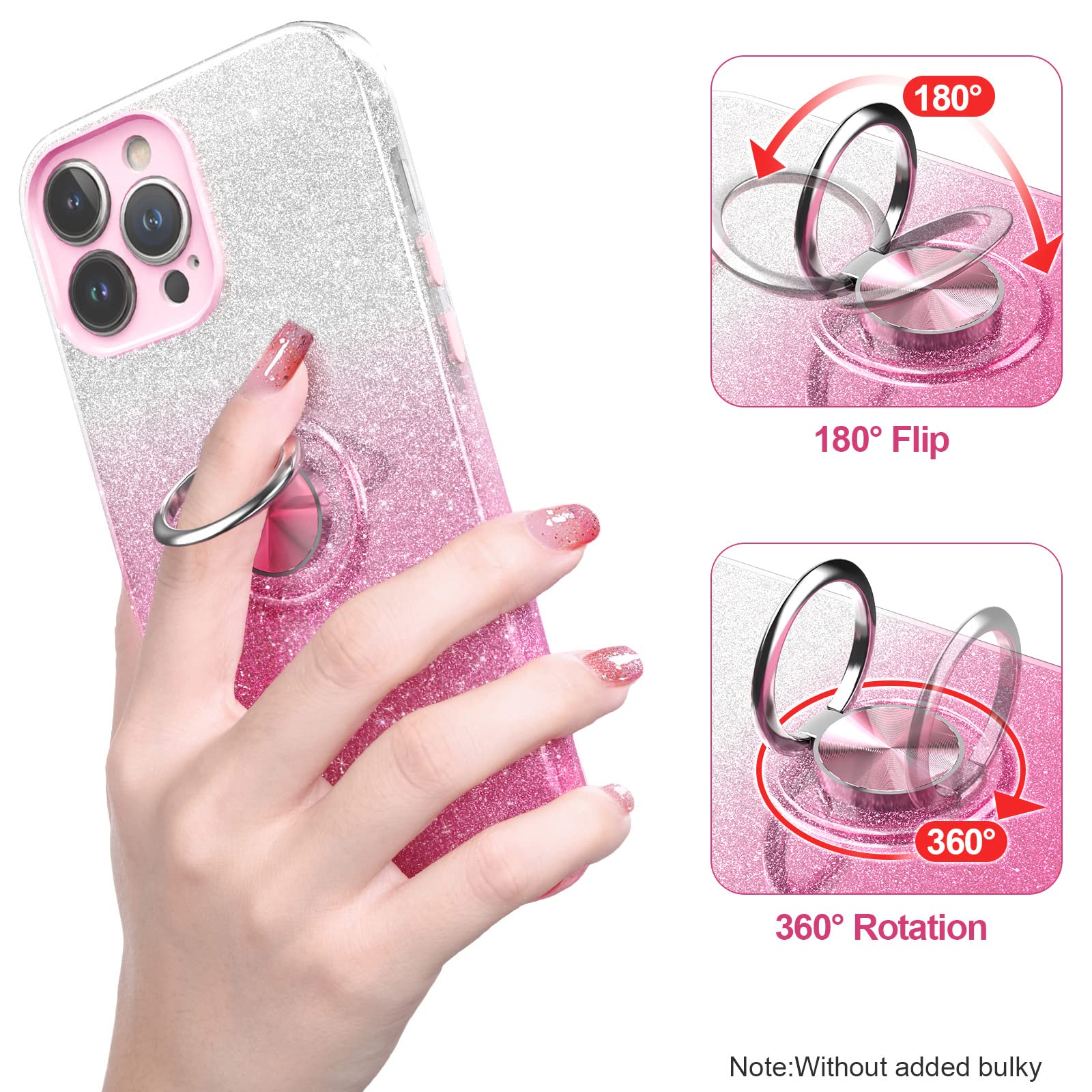Sparkly Glitter iPhone 12 Pro Max Case with 360° Ring Holder & Magnetic Car Mount | Slim Shock-Absorbent Protective Cover for Women (6.7