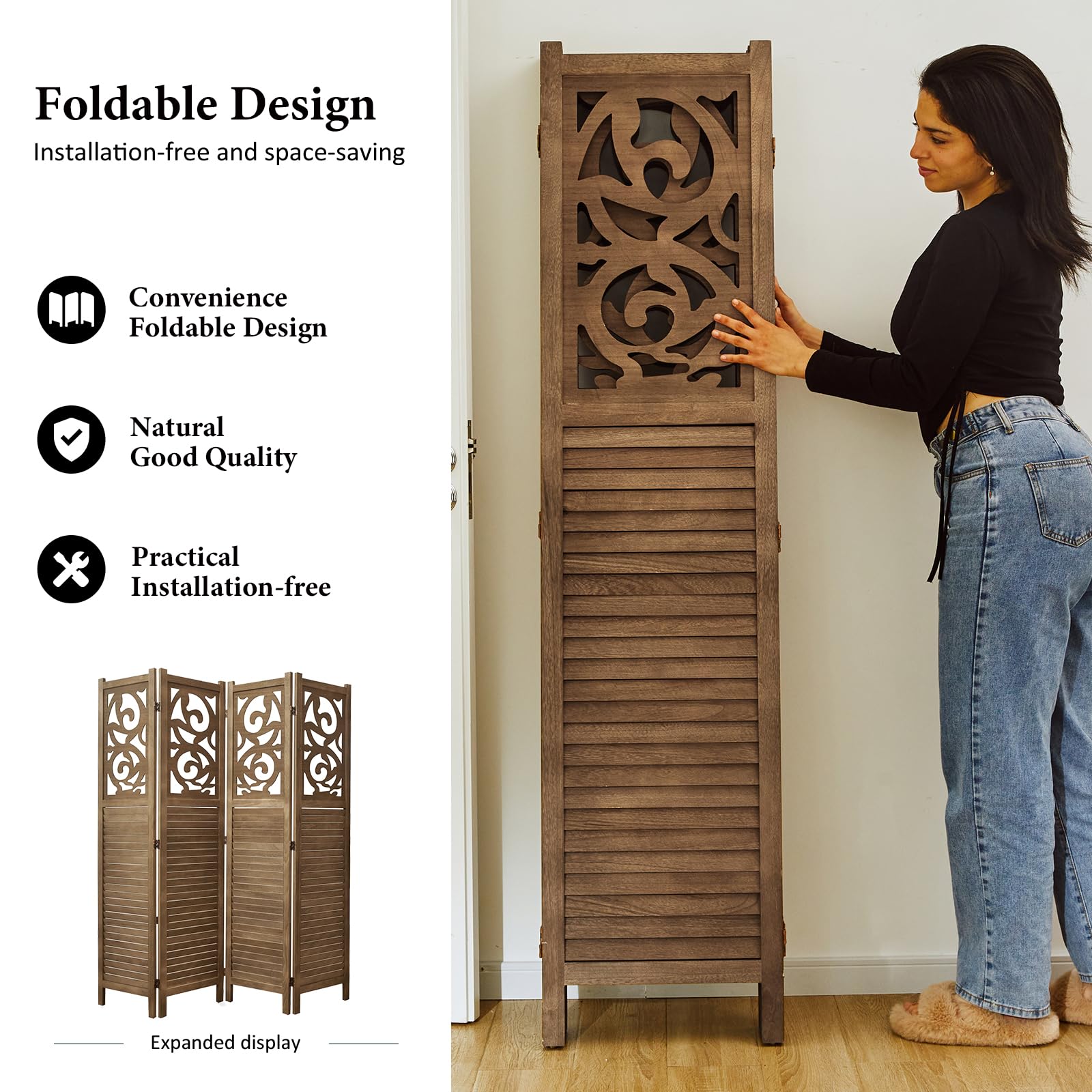 Handcrafted Wooden Room Divider - 4 Panel Folding Partition Screen for Home, Office & Outdoor Spaces (67