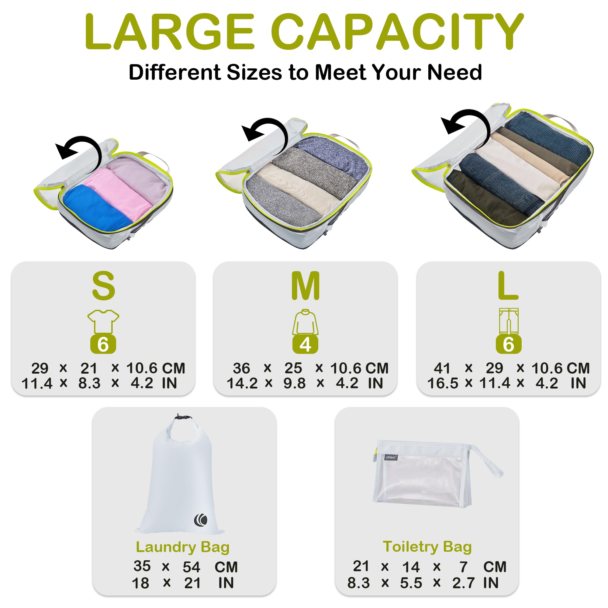 Cipway 6-Piece Compression Packing Cubes Set - Transparent Mesh Luggage Organizer for Travel, Includes Laundry Bag & Clear Toiletries Bag (White) | Perfect for Carry-On Suitcases, Business Trips & Family Vacations