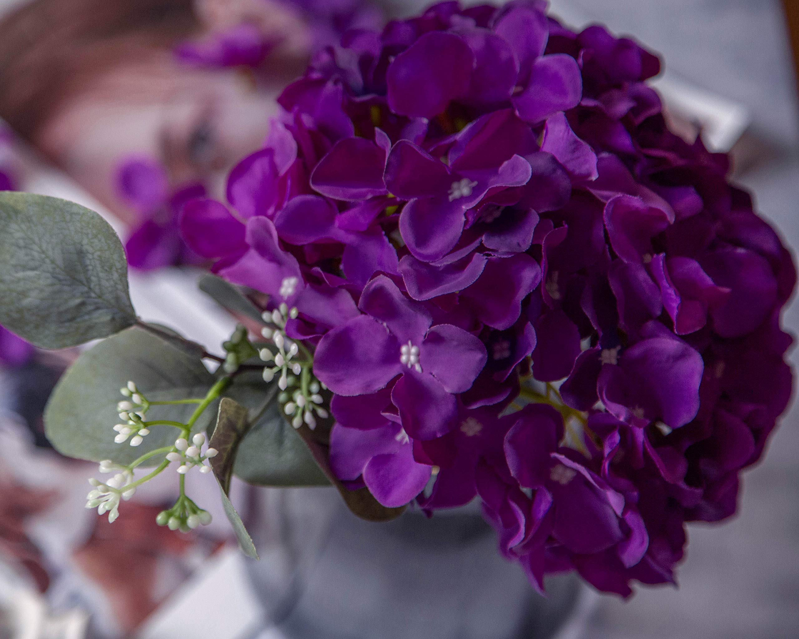 DuHouse 6-Pack Dark Purple Hydrangea Silk Artificial Flowers with Stems - Fake Flower Heads for Wedding Centerpieces, Home Decor, Table Arrangements & Party Decorations