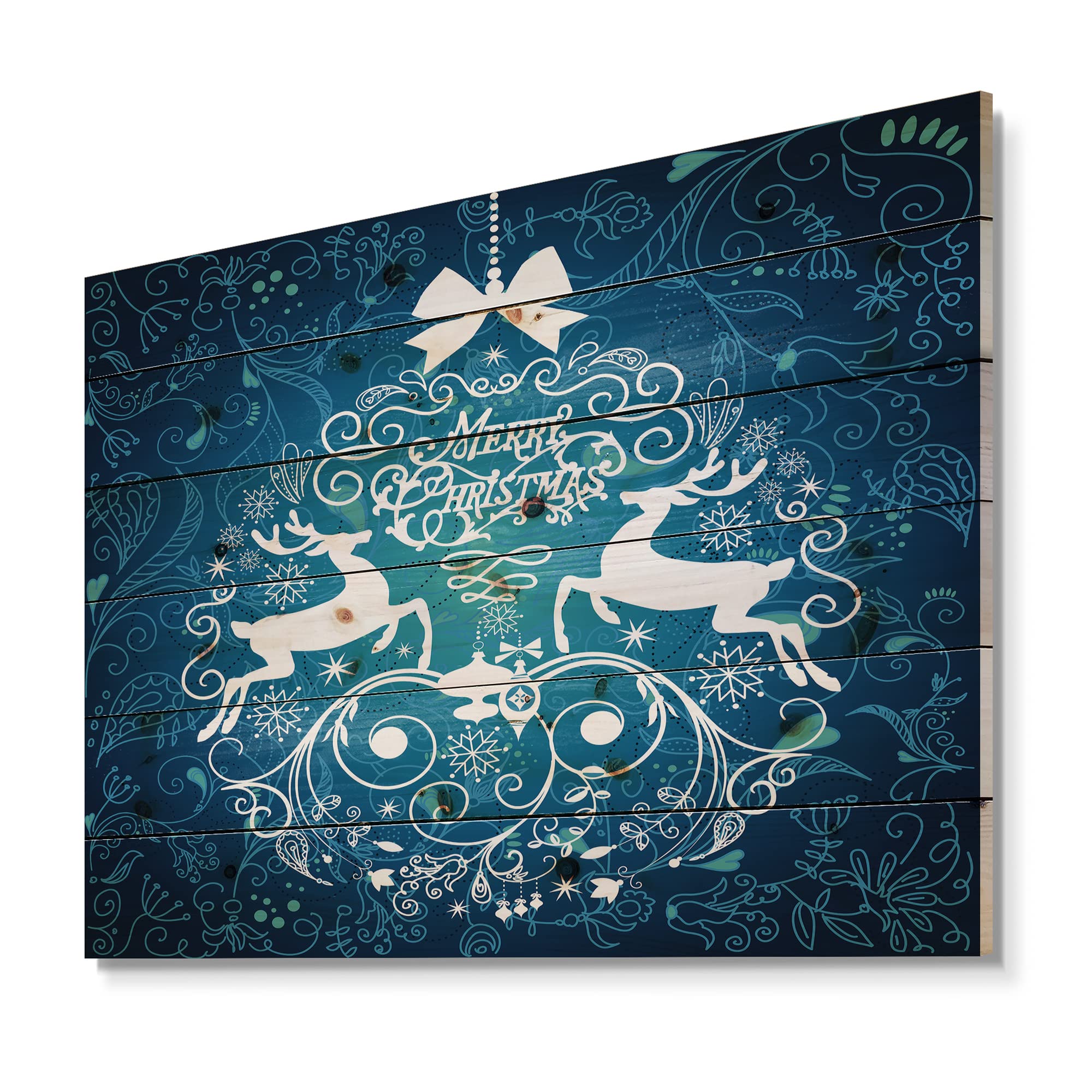 Blue Merry Christmas Reindeer Snow Crystal Wood Wall Art - Modern Abstract Pine Wood Decor for Living Room, Bedroom & Office - Large Contemporary Wall Panel with Holiday Design