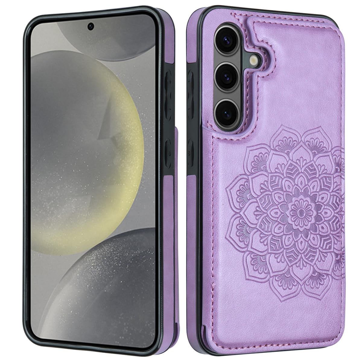 Samsung Galaxy S24 Case with Card Holder & Magnetic Flip Cover - Flower Design Wallet Phone Case for Women | Protective 5G Compatible (2024, Purple) | Perfect for Everyday Use, Travel & Hands-Free Convenience
