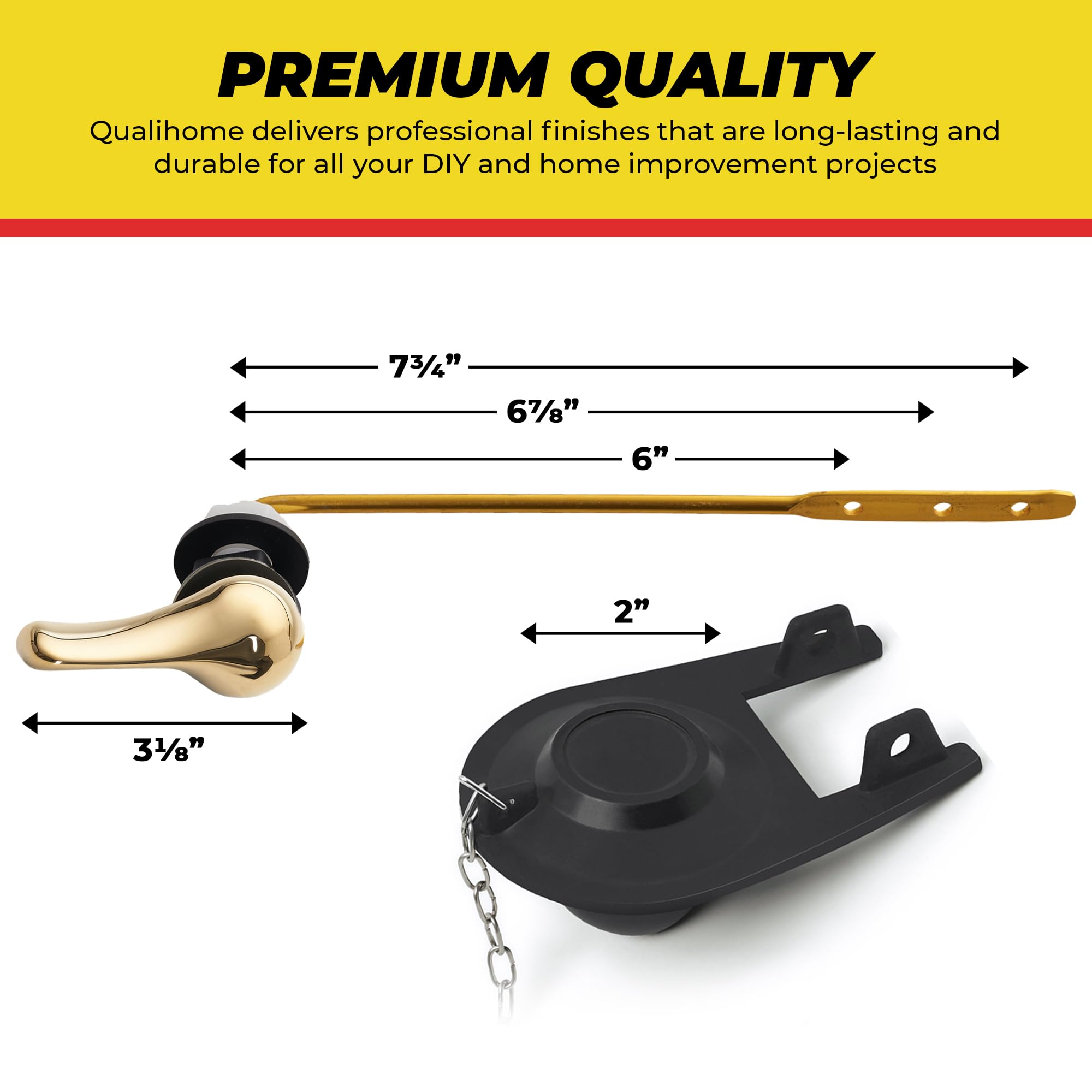 Qualihome Brass Polished Gold Toilet Handle Replacement Kit - 2 Inch Universal Toilet Flapper & Stainless Steel Chain - Perfect for Bathroom Renovation and DIY Toilet Repair