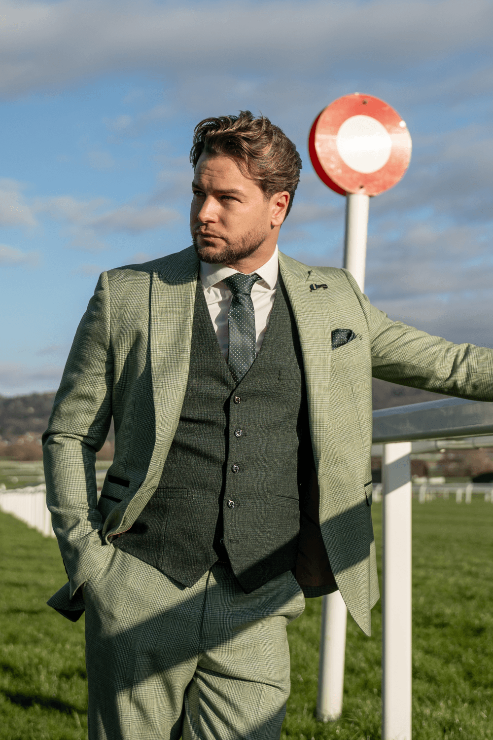 Cavani Caridi Men's Sage Green Tweed Three-Piece Suit with Olive Waistcoat | Formal Wedding & Business Attire