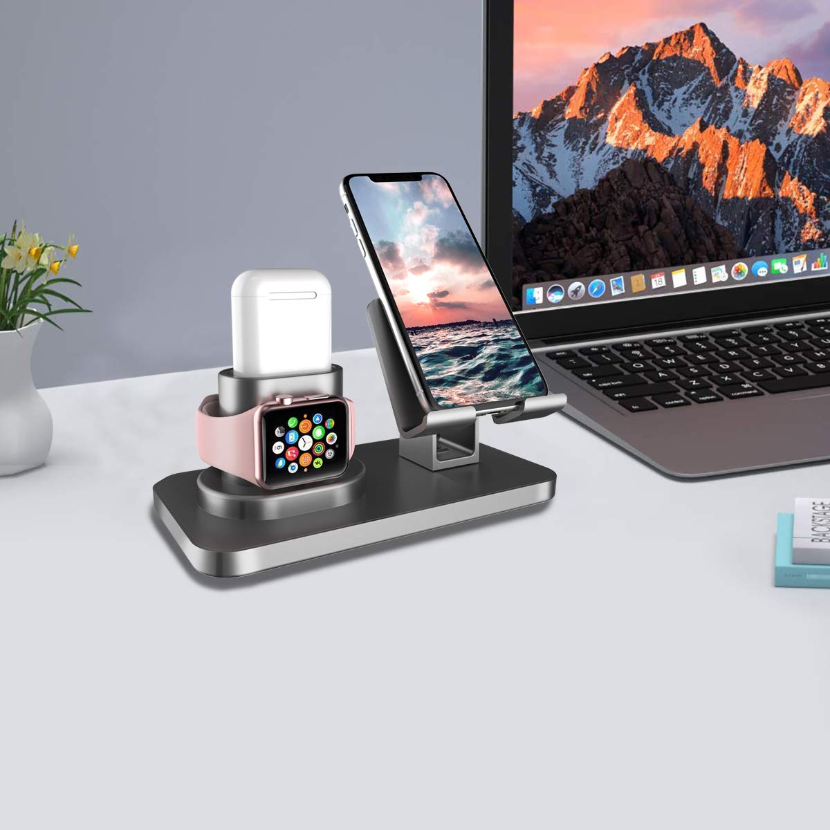 3 in 1 Multi-Angle Adjustable Phone Stand Holder for iPhone 16 Series/Samsung Galaxy S24 Series/Apple Watch 4-7/AirPods - Universal Charging Dock for Desk, Nightstand & Office Use (Gray)