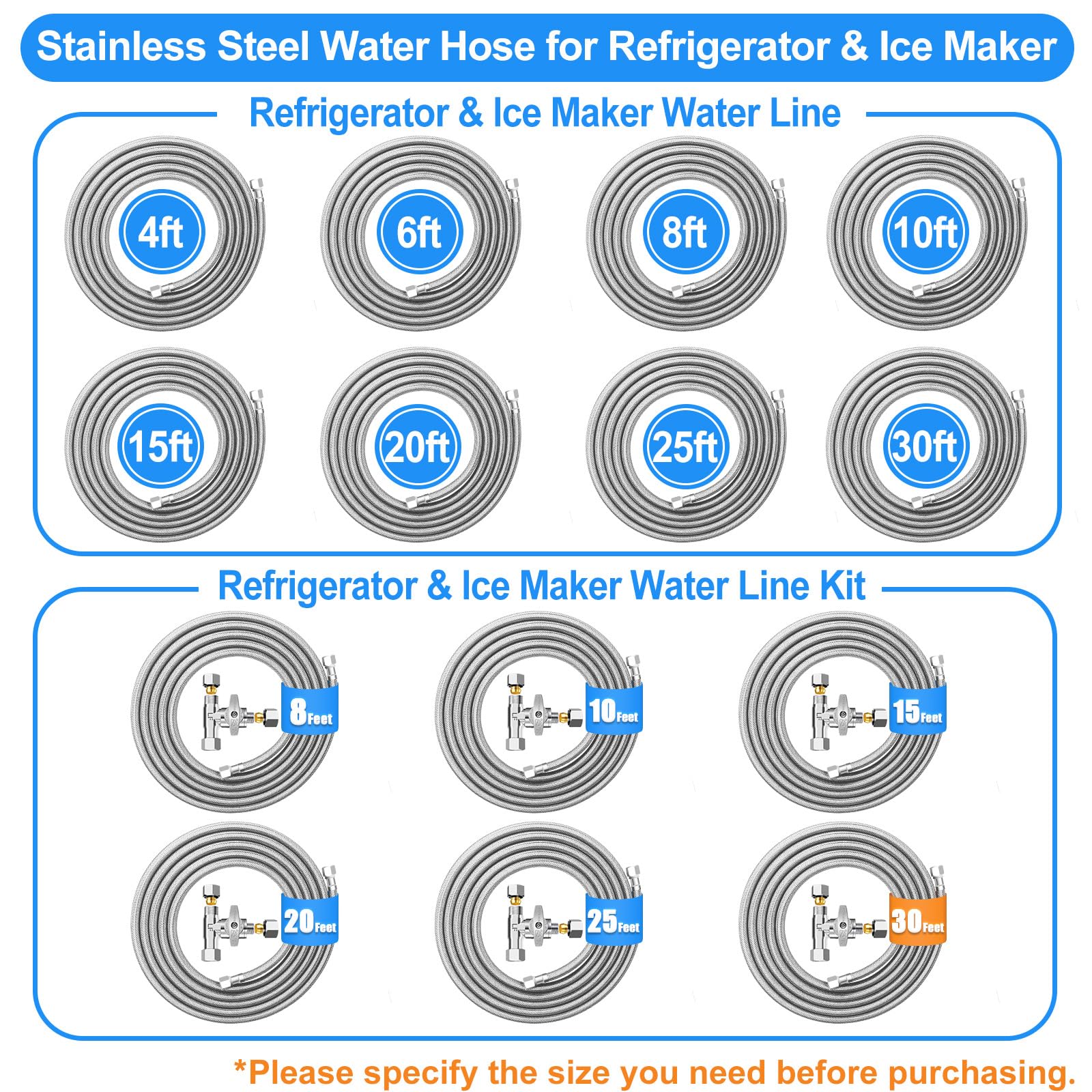 30FT Stainless Steel Braided Refrigerator Water Line Kit with Tee Stop Valve - Food Grade PEX Inner Tube Ice Maker Water Supply Line (1/4