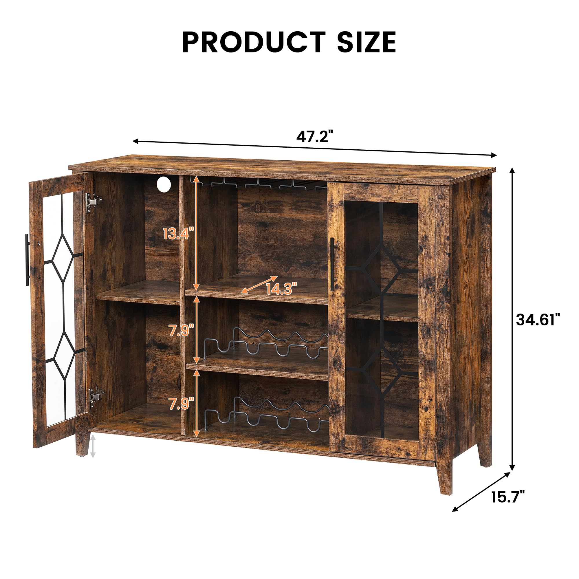 GAOMON Rustic Brown Wine Bar Cabinet with LED Lights - Home Coffee & Liquor Storage Cabinet with Glass Rack, Kitchen Buffet Sideboard for Dining Room, Bar - Perfect for Entertaining Guests & Organizing Glassware