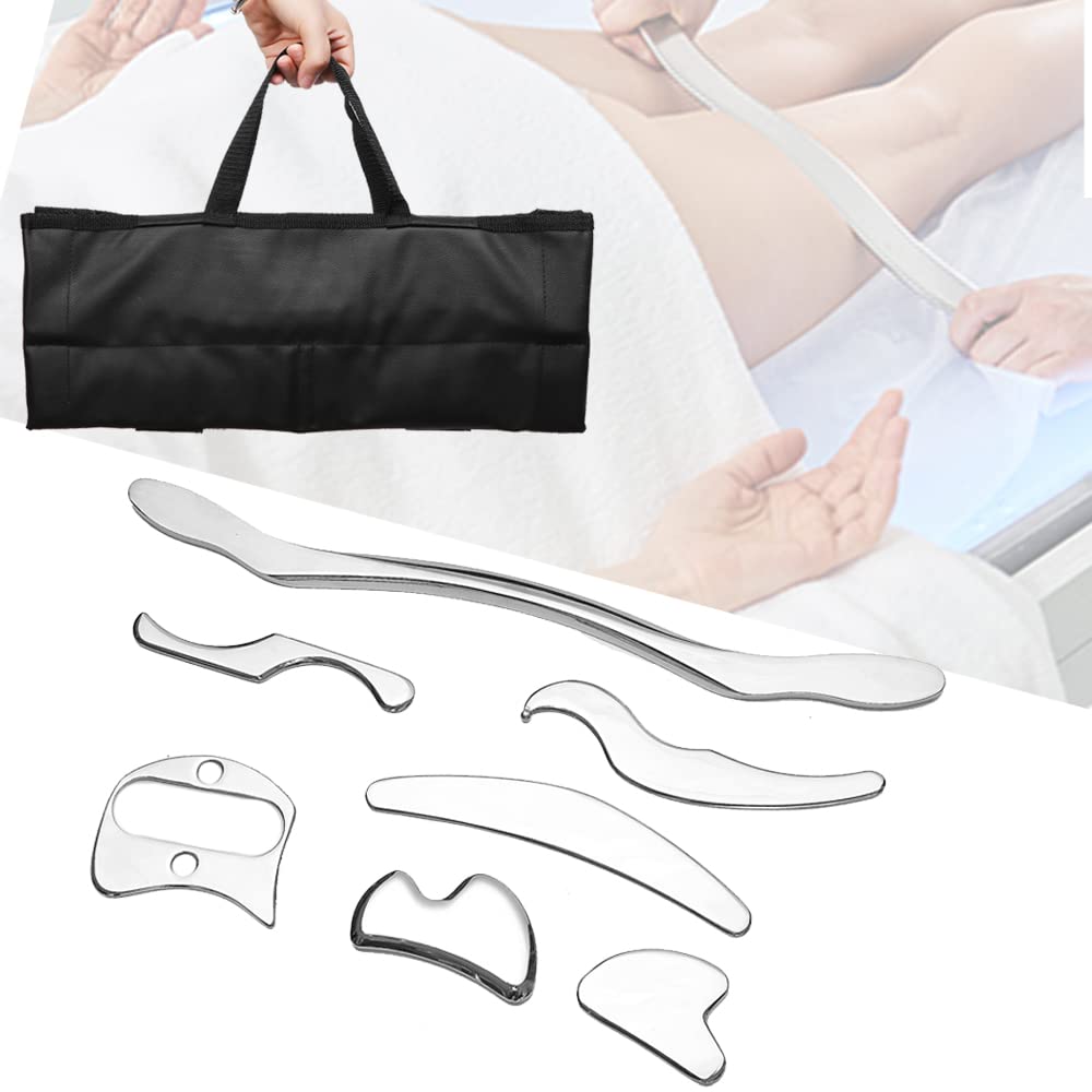 FeelFree Sport 7-Piece Stainless Steel Gua Sha Scraping Massage Tool Set - Professional Soft Tissue Mobilization & Physical Therapy Kit (Silver) | Perfect for Muscle Recovery, Pain Relief & Self-Care at Home or Gym