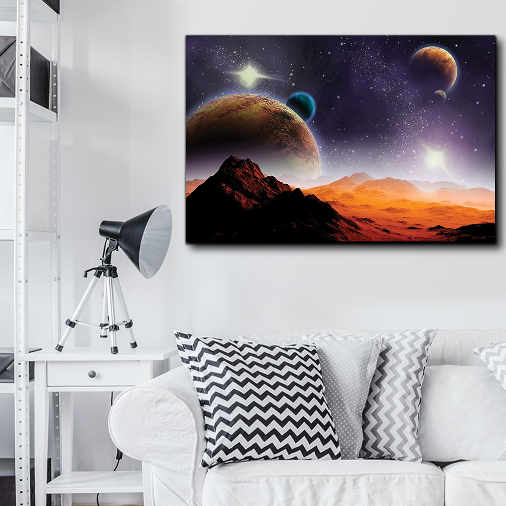 Wall26 - Stunning Rocky Mountains with Planets Canvas Art Print - 32x48 Inches - Modern Space Themed Wall Decor for Living Room, Bedroom & Office