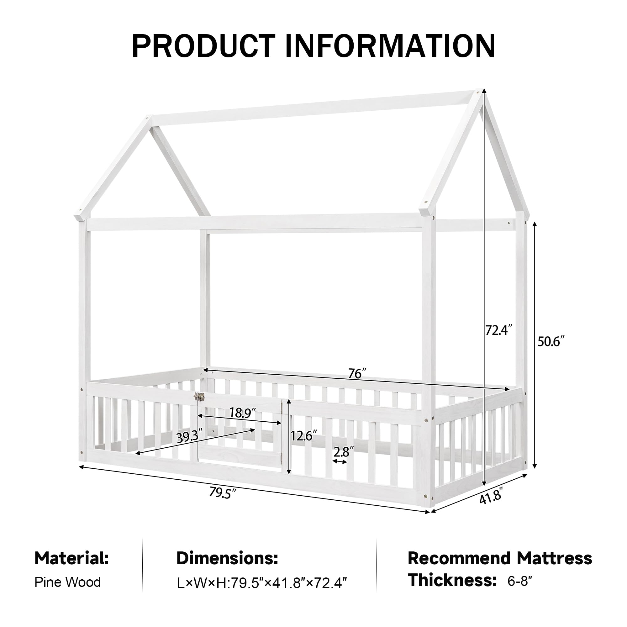 Merax Wooden House Bed with Fence & Door - Twin Size Floor Bed with Full Guardrail - White - Perfect for Kids Room, Playroom or Montessori Bedroom