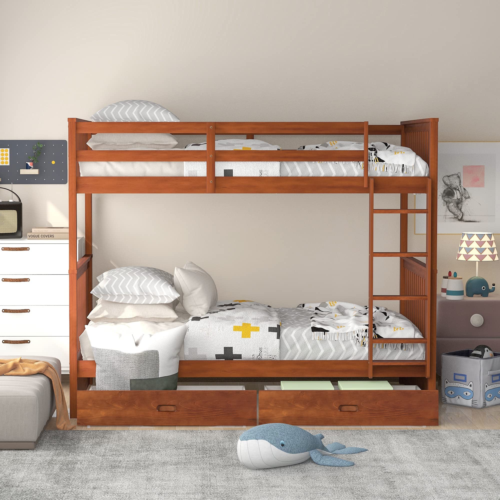 P PURLOVE Twin Over Twin Bunk Bed with 2 Storage Drawers - Convertible Wooden Bunk Bed Frame with Ladder - Separates into 2 Single Beds - Space-Saving Solution for Kids, Teens, Boys & Girls - No Box Spring Required (Walnut Finish) - Perfect for Small Bedrooms, Guest Rooms & Vacation Homes
