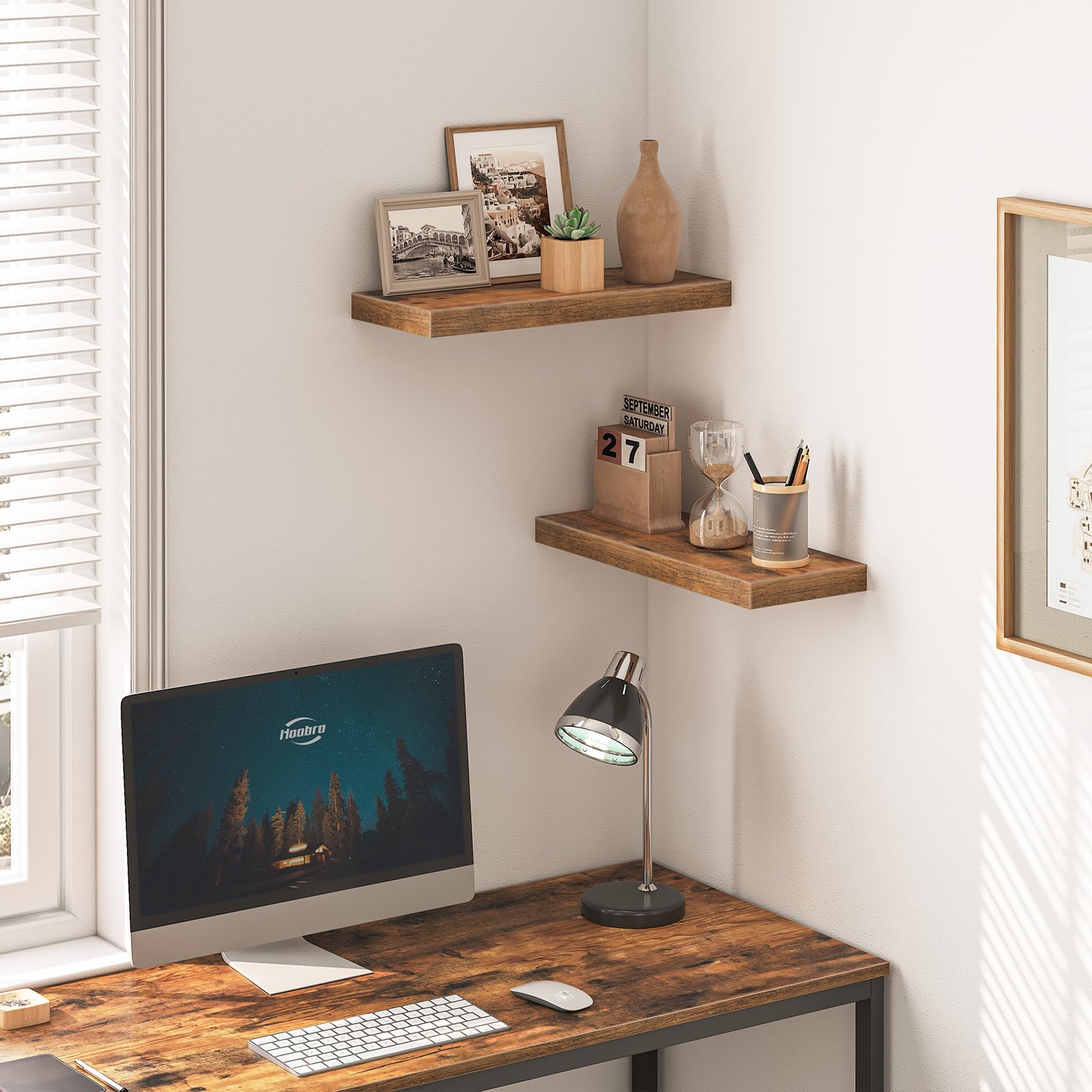 HOOBRO 2-Pack 15.7 Inch Floating Wall Shelves with Invisible Brackets - Rustic Brown Wooden Shelves for Bathroom, Bedroom, Kitchen Decor - Perfect for Home Office Storage & Displaying Photos, Plants, Books (Model BF40BJ01)