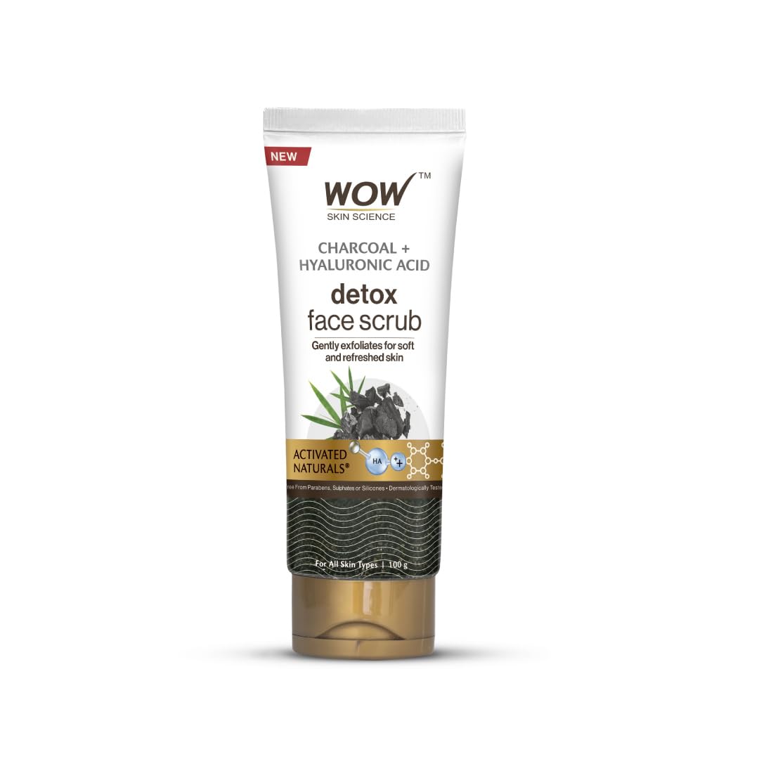 WOW Skin Science Charcoal & Hyaluronic Acid Face Scrub - Deep Cleansing & Hydrating Detox Treatment for Oily & Acne-Prone Skin | Unclogs Pores, Removes Blackheads & Controls Oil | Improves Skin Elasticity | 100g | Perfect for Daily Skincare Routine & Pre-Makeup Prep