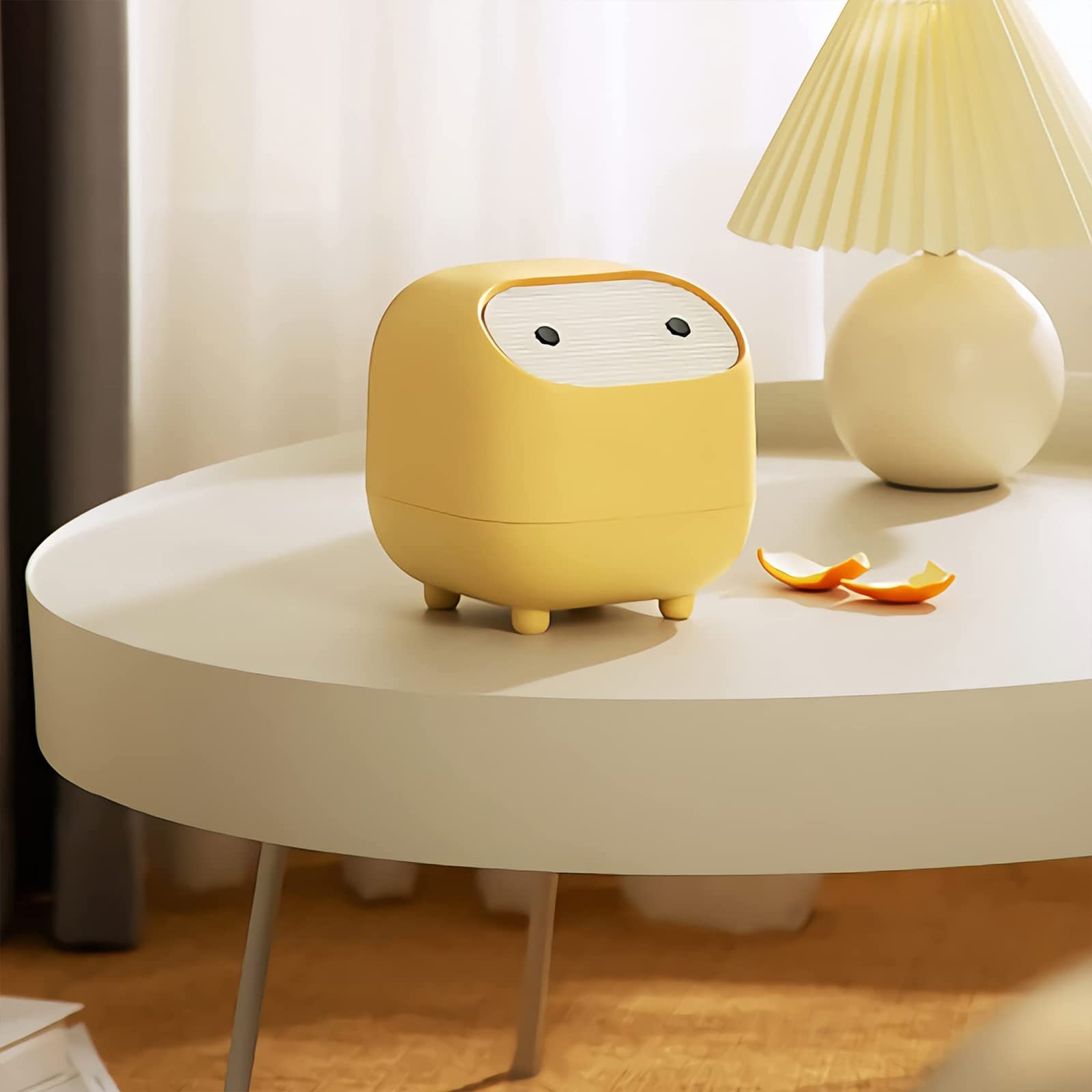 Mini Trash Can with Lid - Cute Ninja Design Small Plastic Garbage Bin for Office, Bathroom, Vanity & Coffee Table | Perfect for Desk Organization & Home Decor (Yellow)