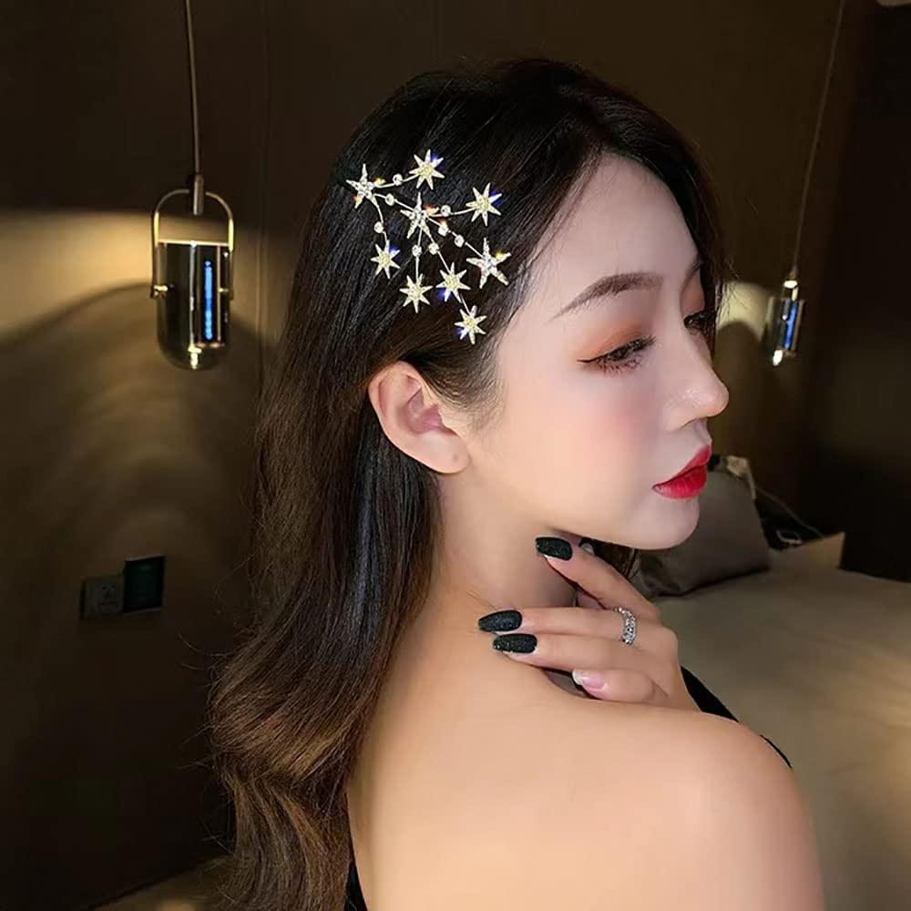 2 Pcs Elegant Rhinestone Gypsophila Hair Clips for Women - Gold & Silver Crystal Star Duckbill Hairpins | Perfect for Weddings, Parties & Everyday Hairstyling
