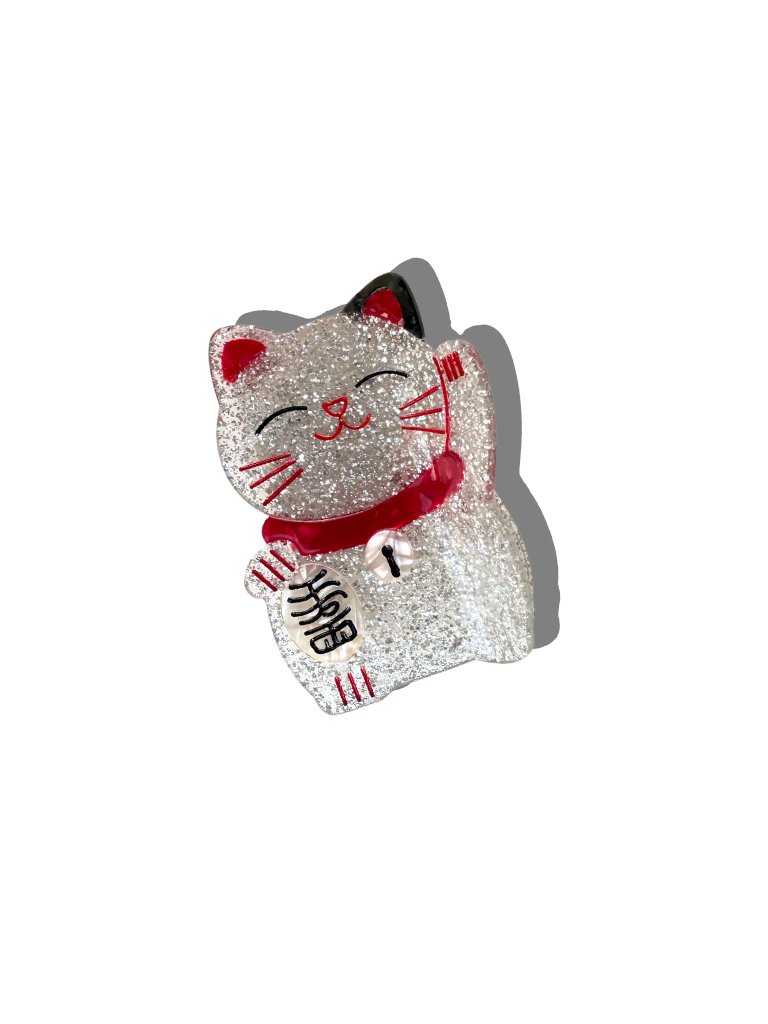 Hand Painted Silver Lucky Cat Claw Hair Clip for Women - Japanese Maneki Neko Style Hair Accessory for Parties, Cosplay & Everyday Wear