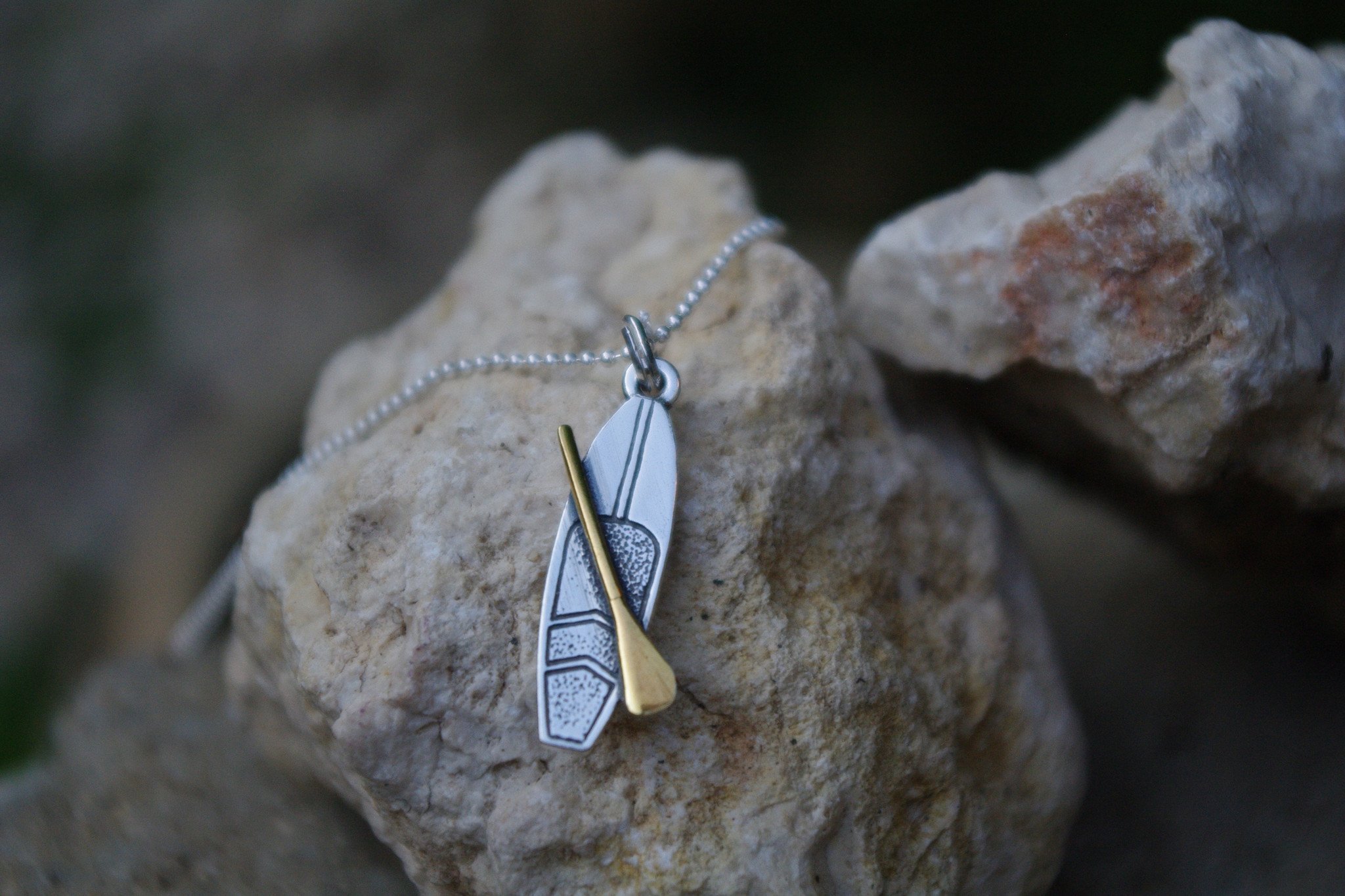 Sterling Silver & Gold Stand Up Paddle Board Necklace - SUP Pendant Jewelry (14-30 Inch Adjustable) for Surfers, Beach Lovers & Water Sports Enthusiasts