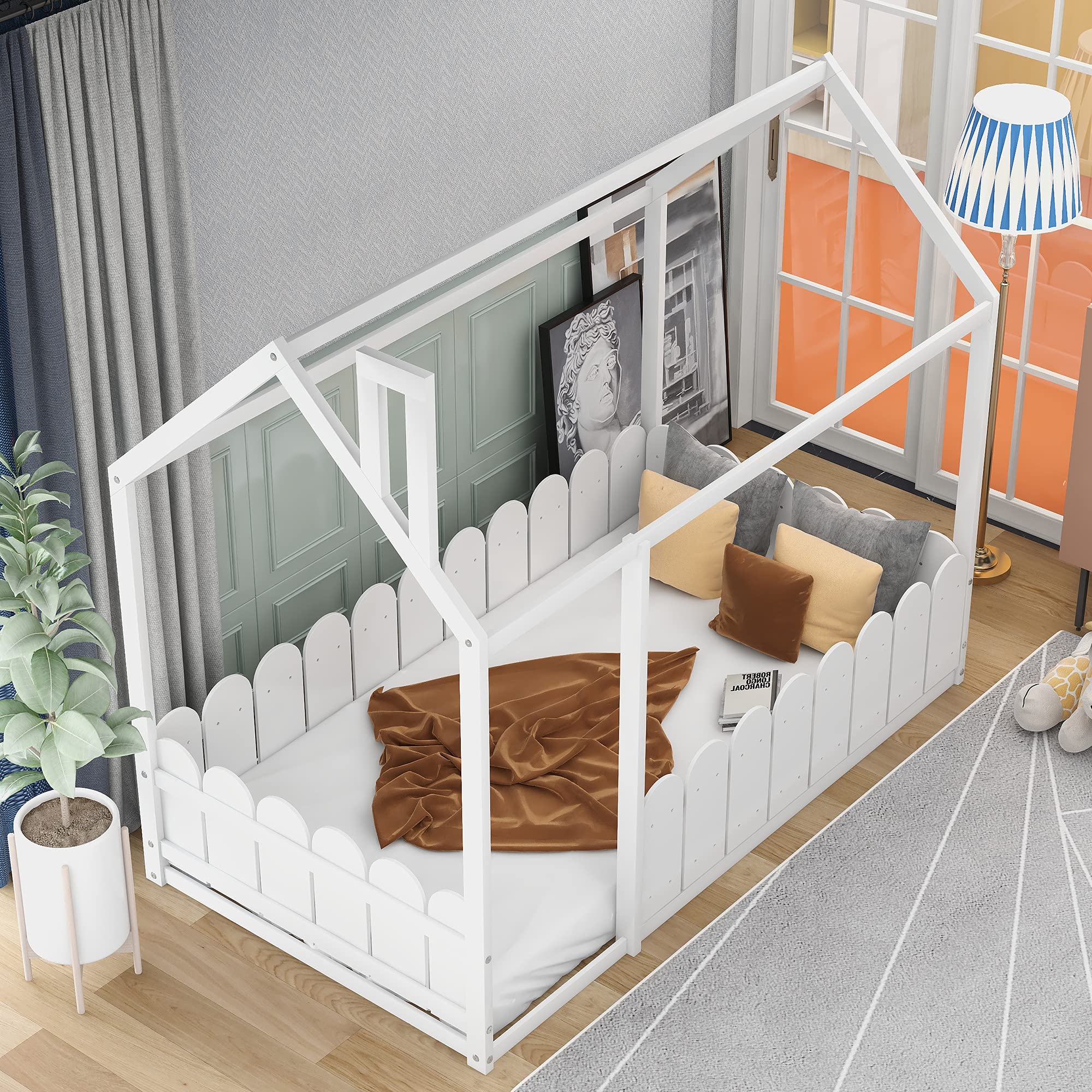 Premium Solid Wood Twin Size Toddler House Bed Frame with Tent - White | Kids Floor Bed for Playroom, Nursery & Bedroom | Safe & Durable Children's Furniture