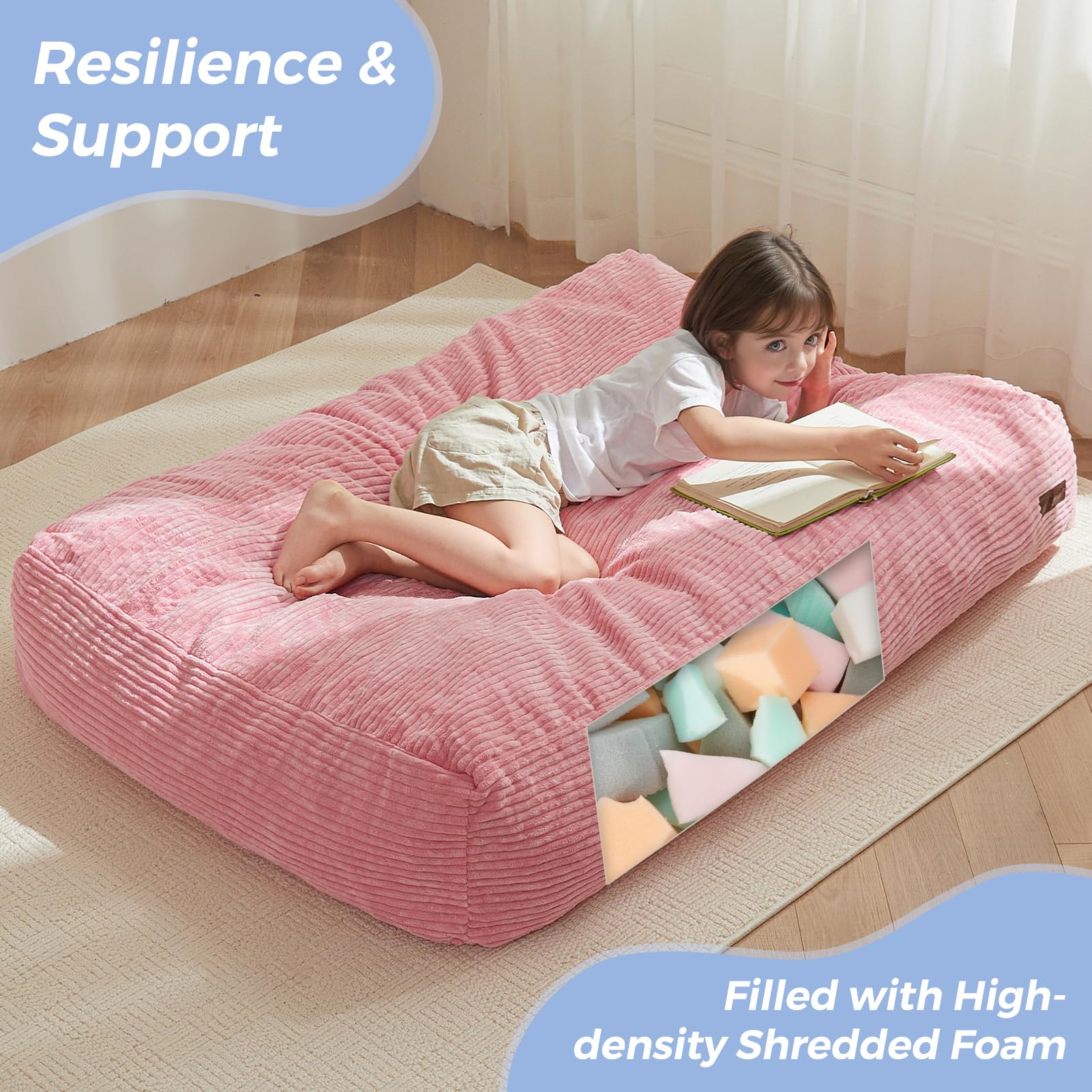 MAXYOYO Kids Corduroy Bean Bag Chair - Convertible to Floor Mattress, Soft & Comfortable Pink Lounge Chair for Bedroom, Playroom & Dorm Room - Perfect for Reading, Gaming & Relaxing