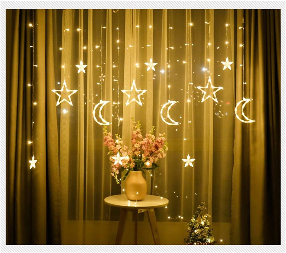 LED Fairy Lights with Moon & Star String - 8 Modes Waterproof Curtain Lights for Window, Fireplace, Garden, Patio - Perfect for Christmas, Eid Decorations & Party Lighting