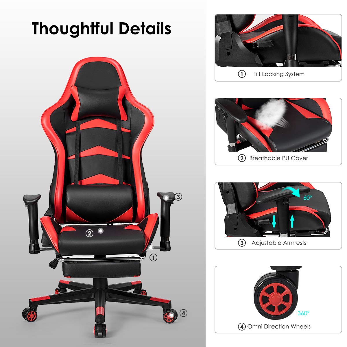GOFLAME Ergonomic Gaming Chair - Racing Style High Back Office Chair with Adjustable Lumbar Support, Headrest, Footrest & Massage Function - Perfect for PC Gaming, Home Office & Esports Setup