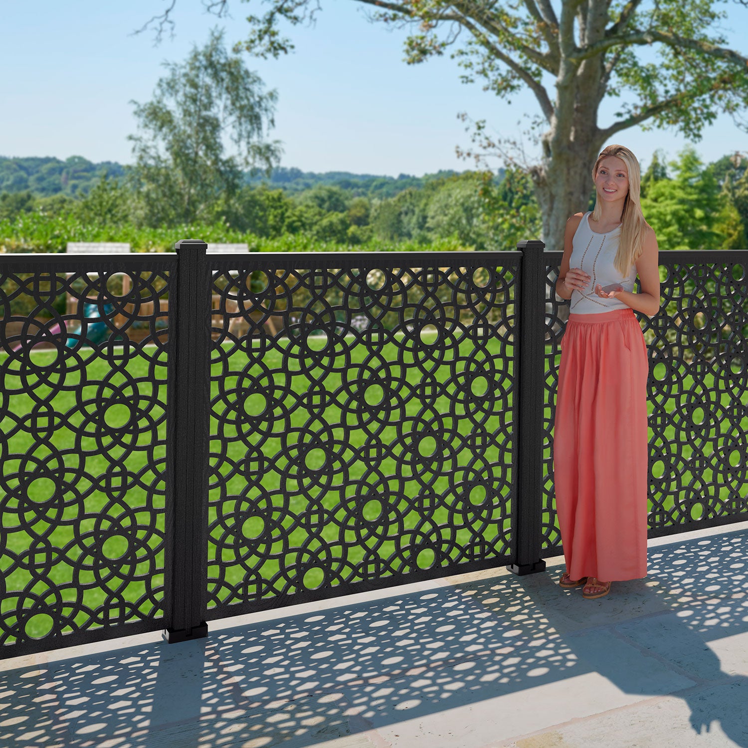 Ambar Decorative Fence 120x120cm - Composite Wood Privacy Screen Panel for Garden, Patio, and Yard - Outdoor Decorative Fence Panel with Durable Composite Posts