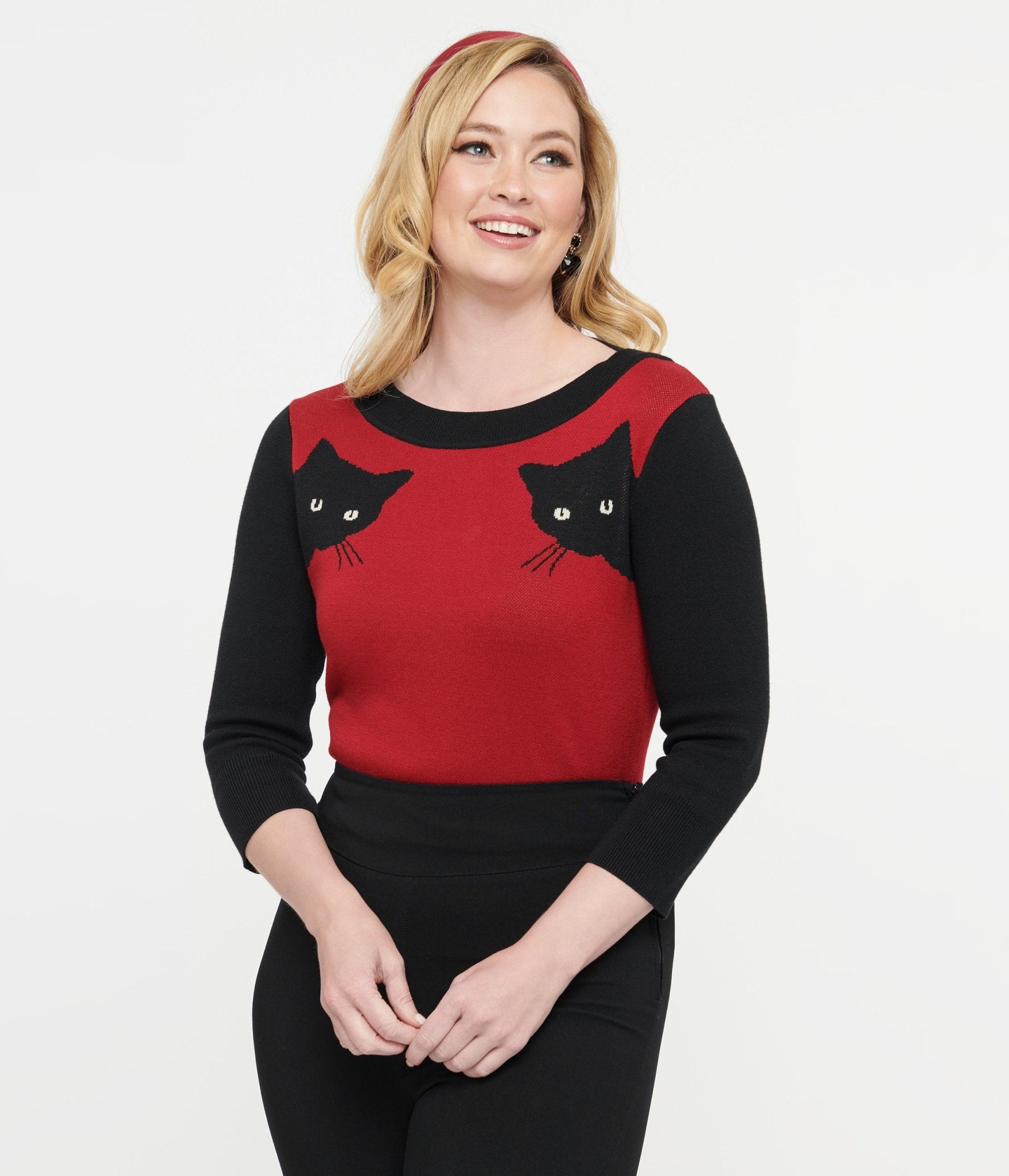 Vintage 1950s Burgundy & Black Cat Sleeve Minou Sweater - Retro Cat Lover Pullover for Women - Perfect for Halloween, Christmas & Vintage Fashion Enthusiasts