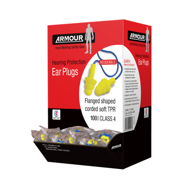 Armour Flanged TPR Ear Plugs with Cord - Class 4 Hearing Protection (100 Pack) - Perfect for Shooting, Construction & Loud Work Environments