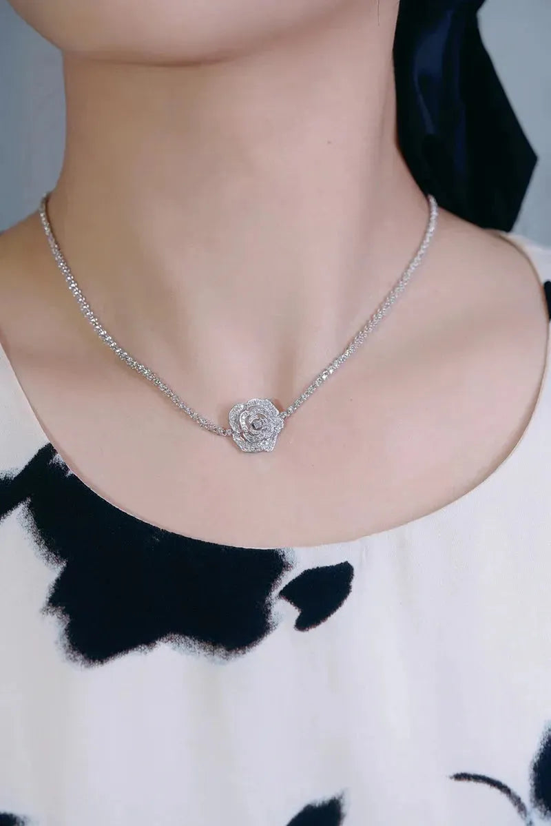 18K White Gold Luxury Camellia Diamond Necklace for Women - 2.85 Carat Natural Diamond Bridal Jewelry - Perfect for Weddings, Anniversaries & Special Occasions