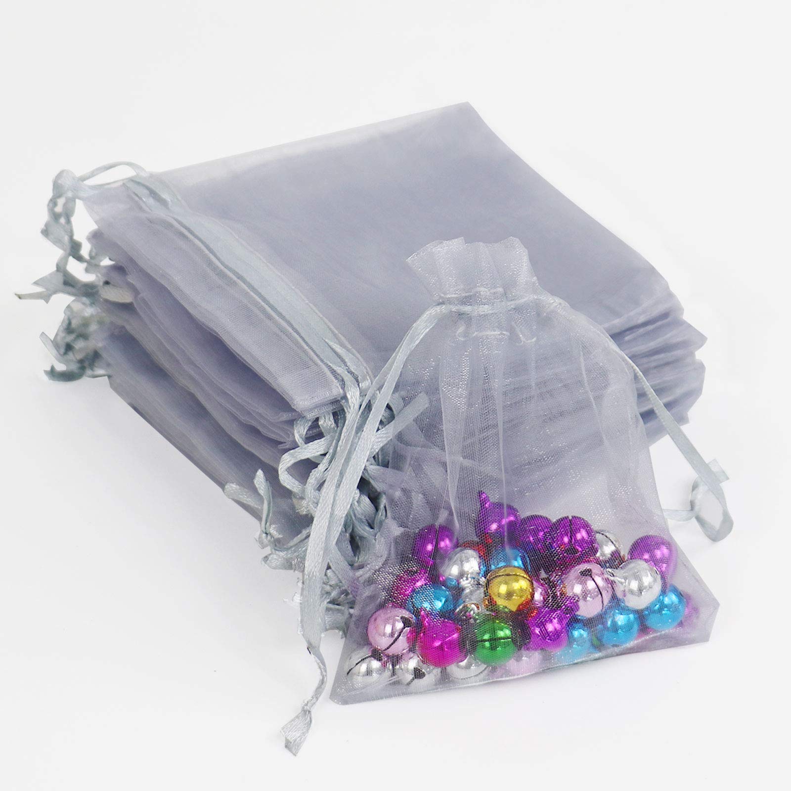 Lautechco 100Pcs 4x6 Inch Gray Organza Drawstring Gift Bags - Premium Mesh Favor Pouches for Christmas Presents, Wedding Favors, Party Giveaways & Jewelry Packaging