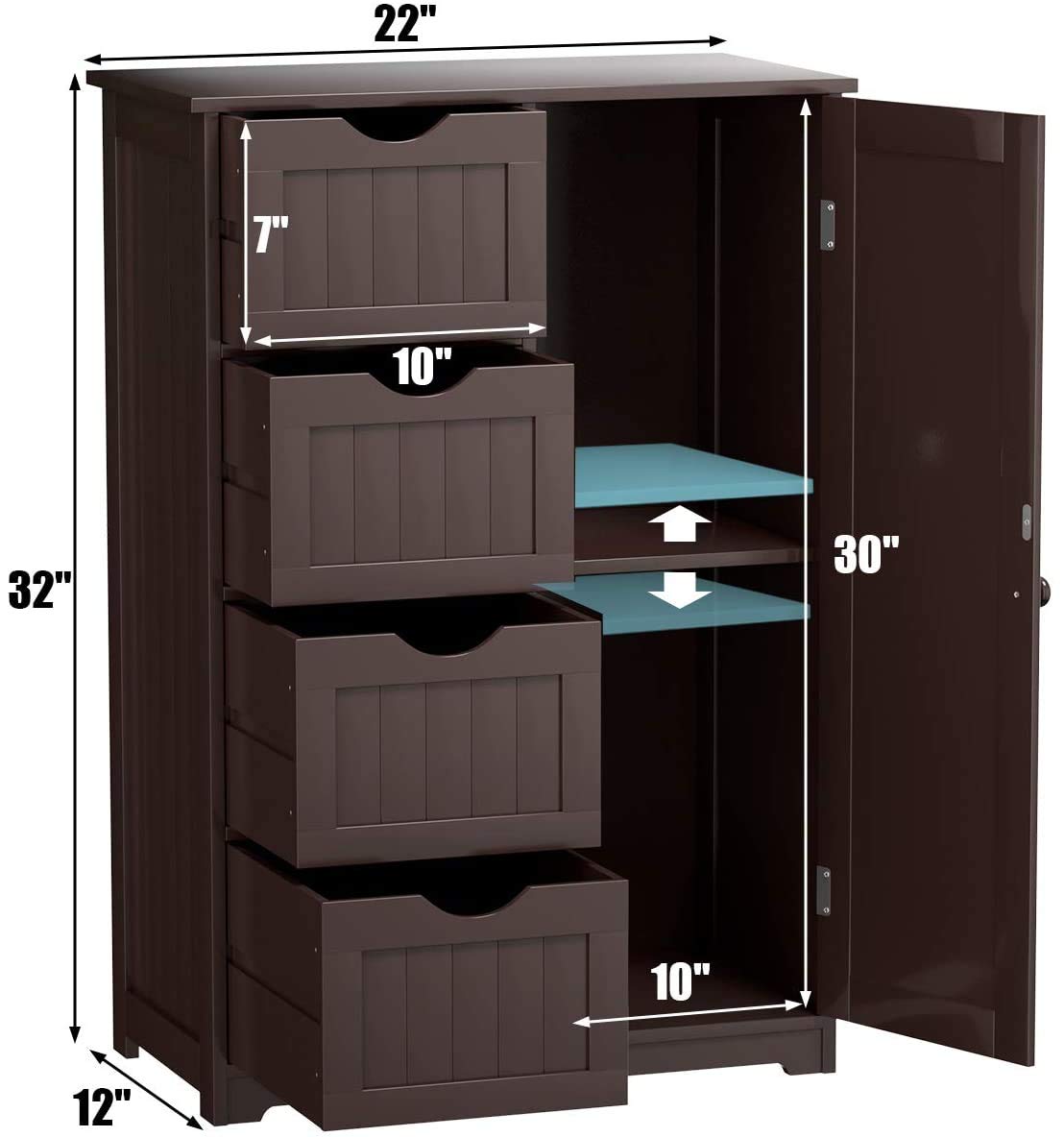 White Wooden Bathroom Storage Cabinet - Freestanding 4-Drawer Entryway Cupboard with Cabinet for Home, Office, Kitchen & Living Room (22