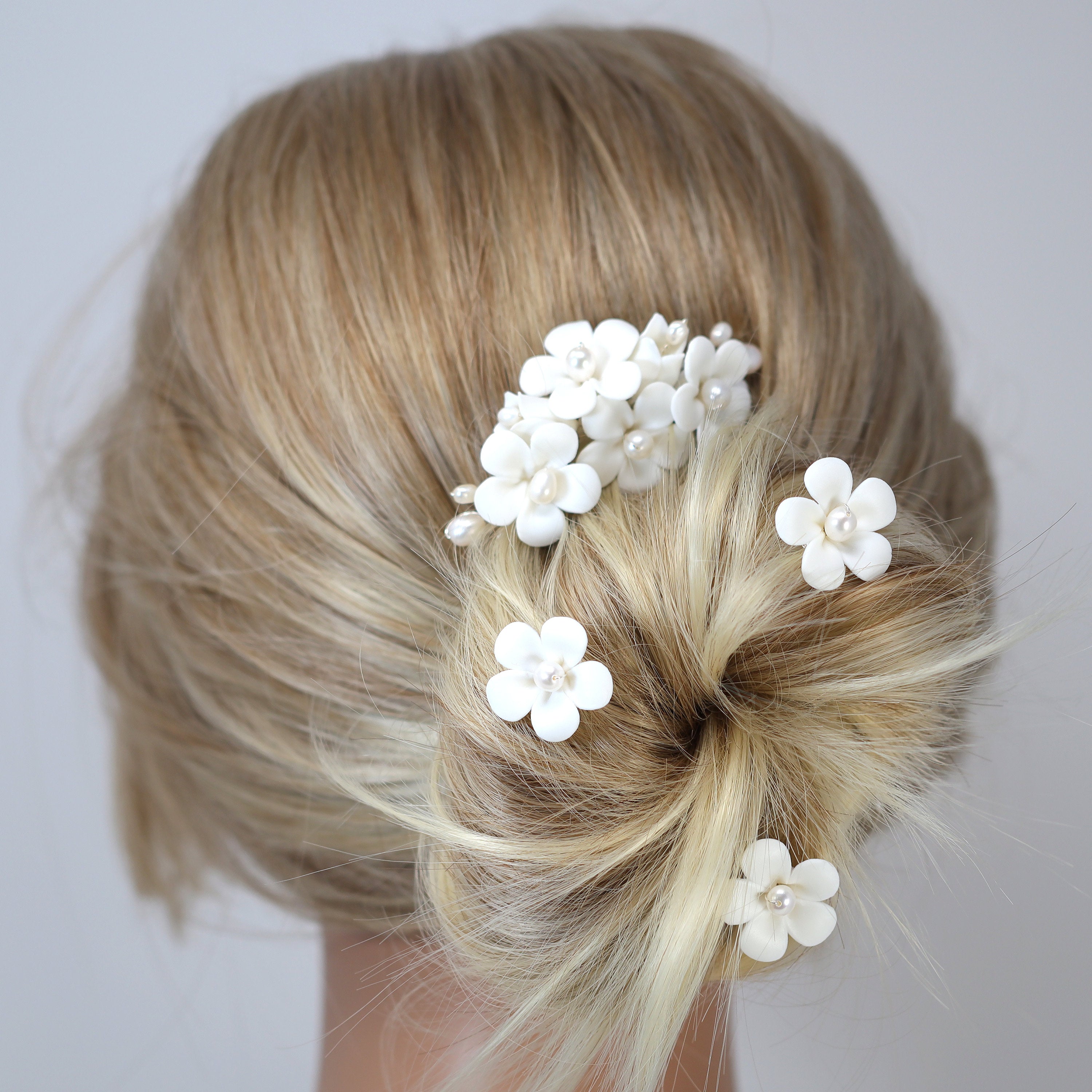 3-Piece Natural Pearl & Porcelain Hair Pin Set - Ceramic White Flower Bridal Hair Accessories & Statement Earrings for Weddings, Parties & Special Occasions